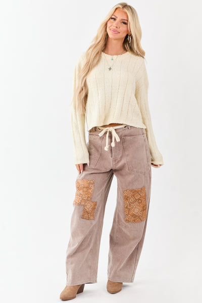 Cream Rib Texture Crew Neck Pullover Sweater