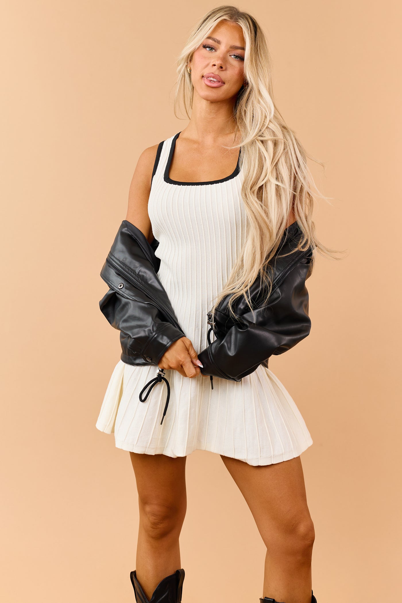Cream Ribbed Knit Sleeveless Square Neck Mini Dress