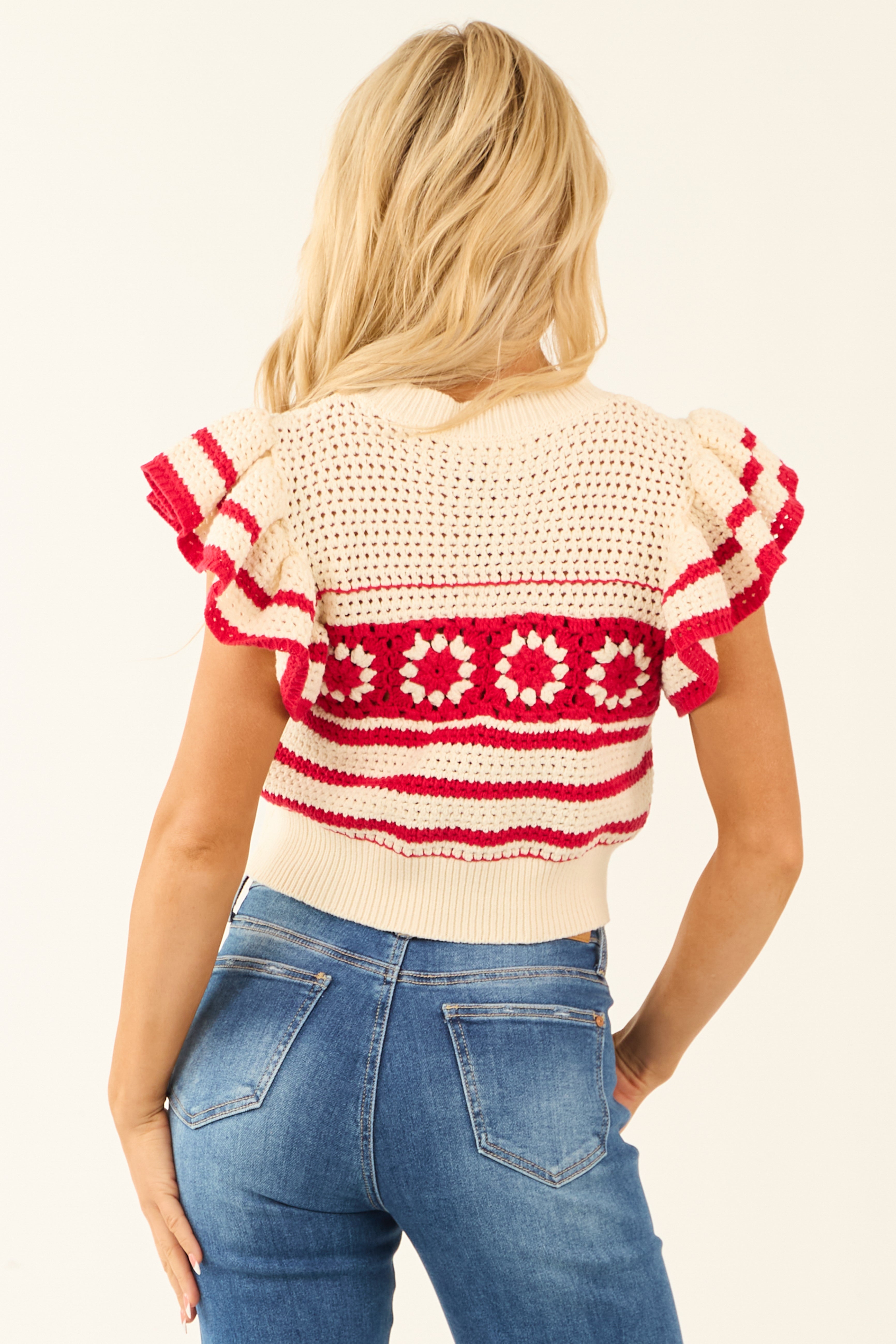 Lipstick Ruffle Short Sleeve Crochet Knit Sweater Top | Lime Lush