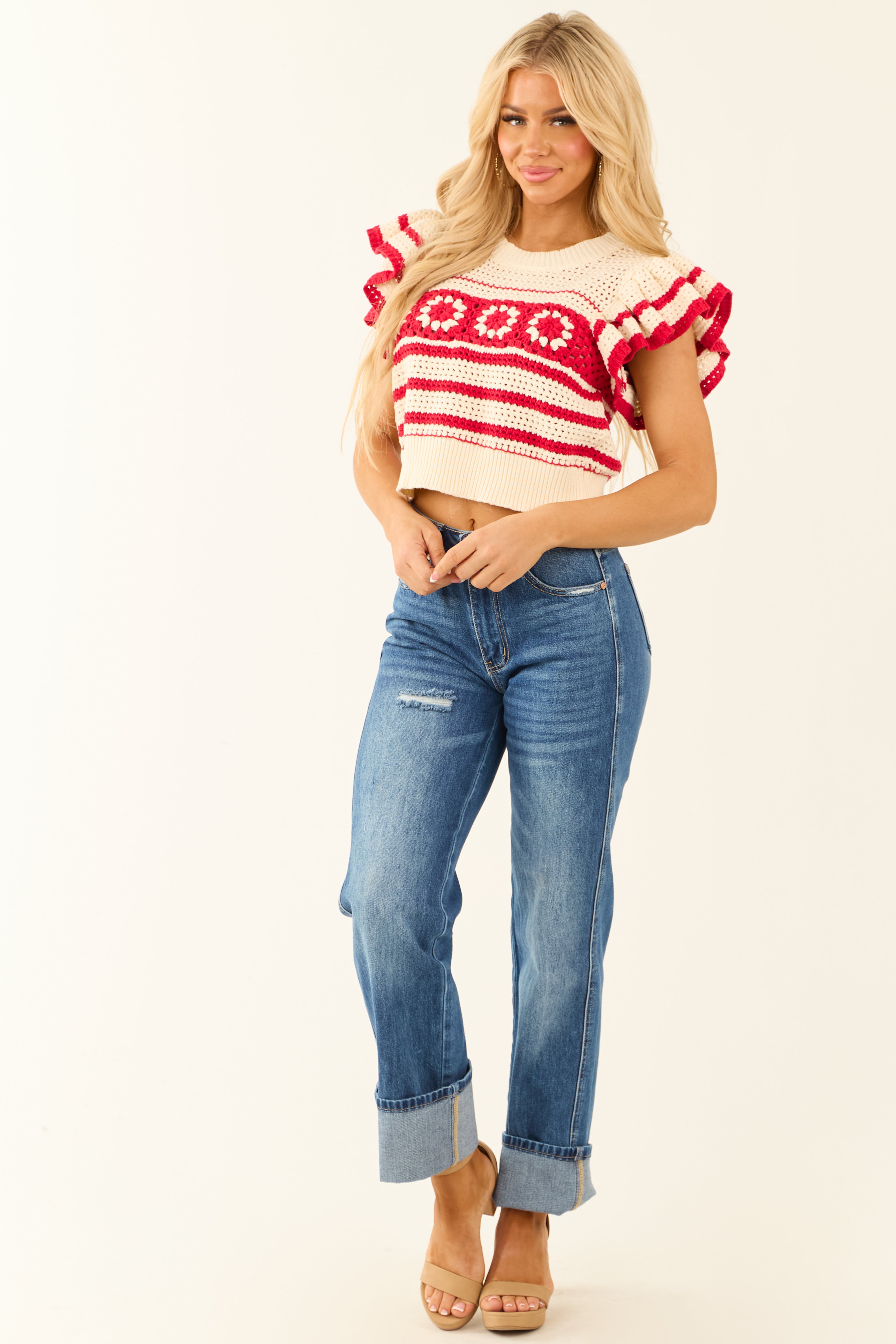 Lipstick Ruffle Short Sleeve Crochet Knit Sweater Top | Lime Lush