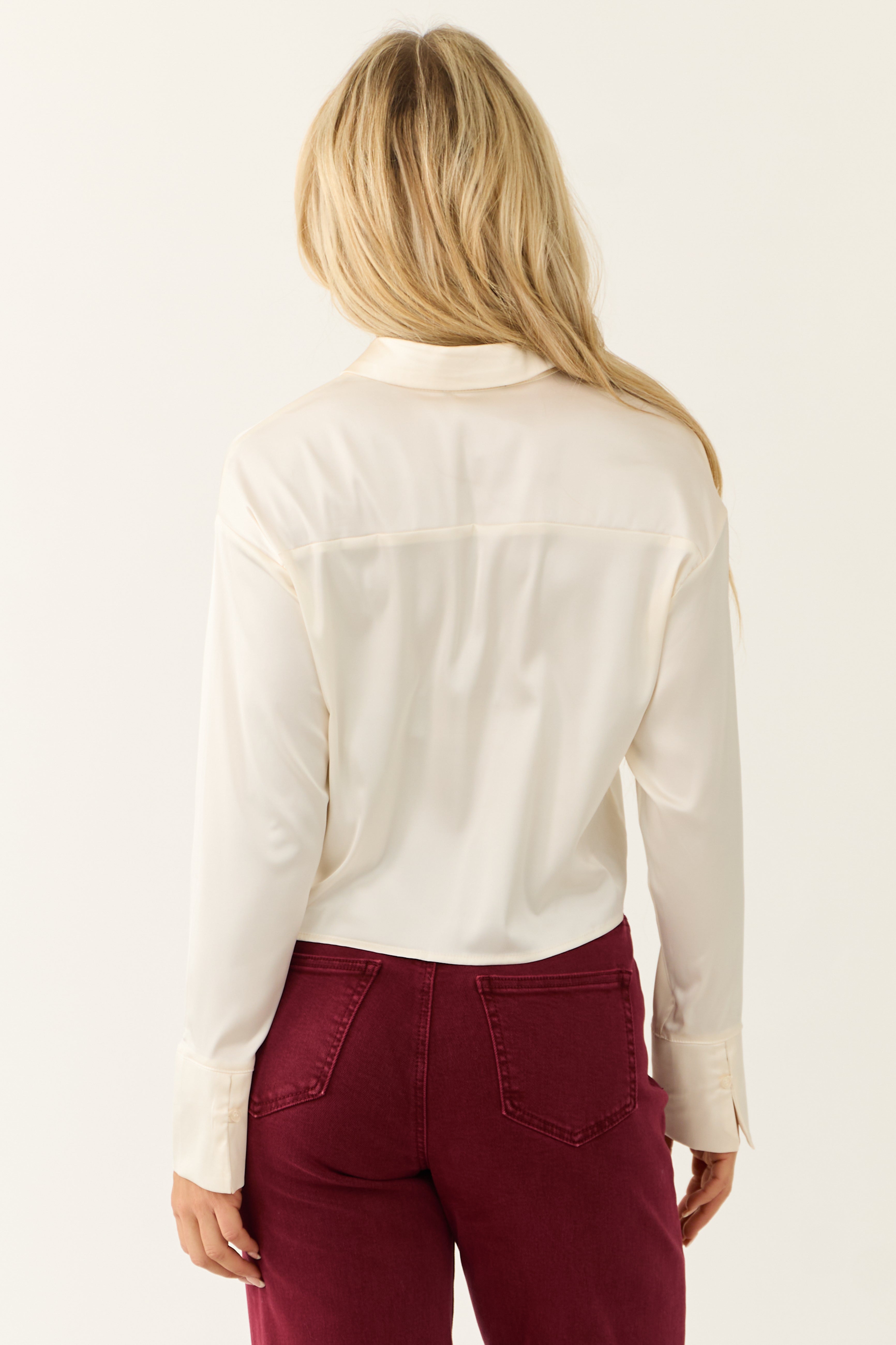 Cream Satin Long Sleeve Button Down Top