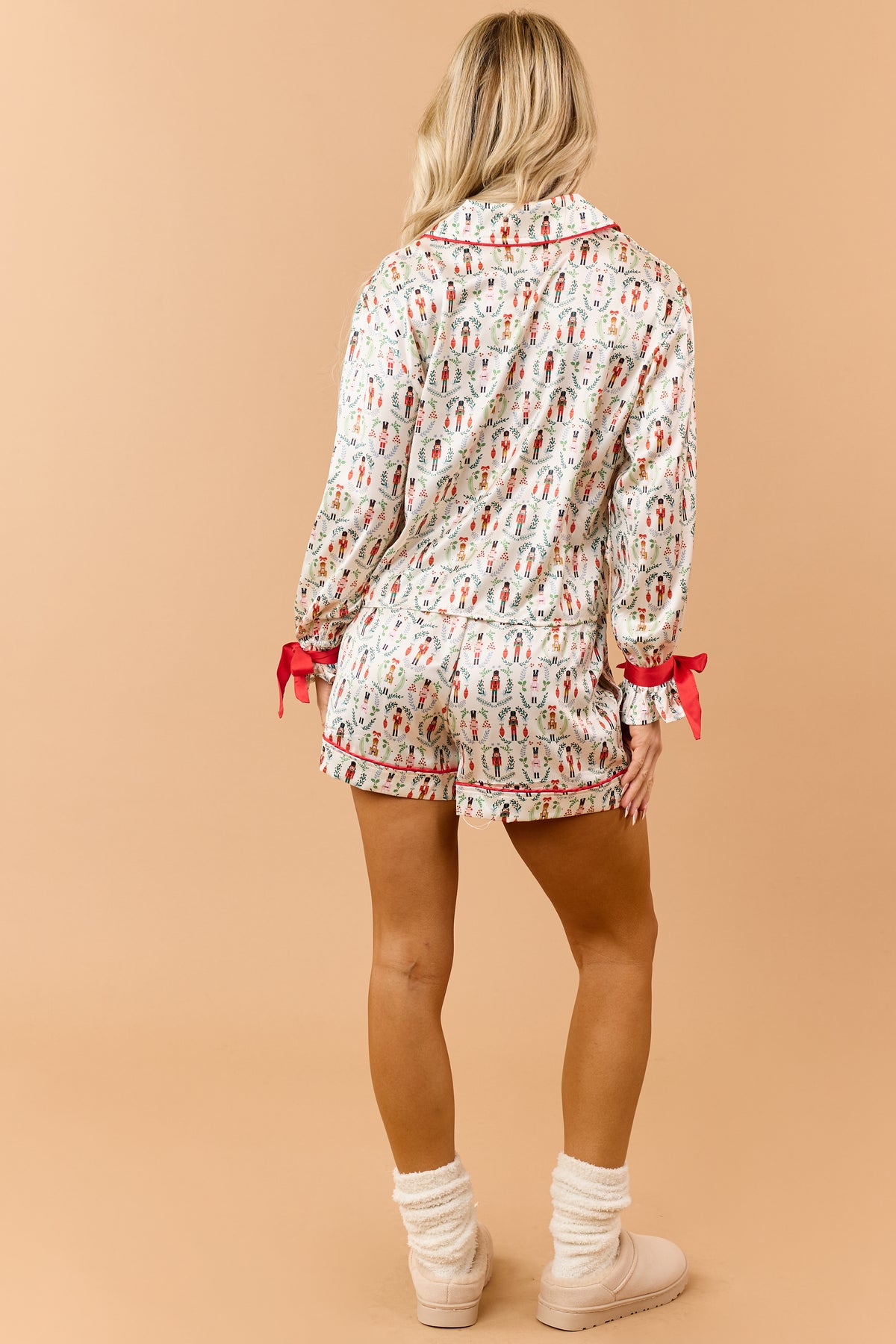 Cream Satin Nutcracker Pattern Top and Shorts PJ Set