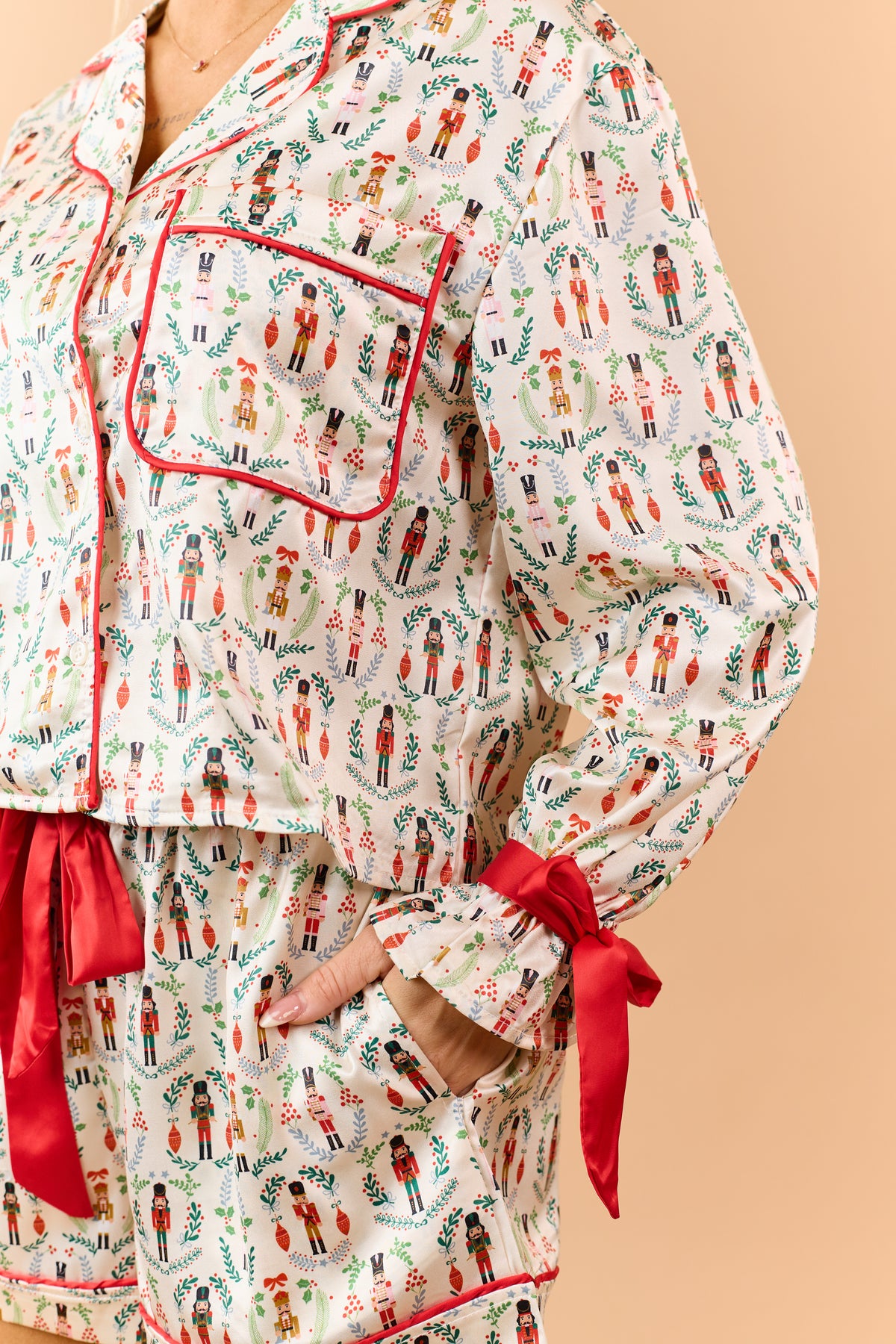 Cream Satin Nutcracker Pattern Top and Shorts PJ Set