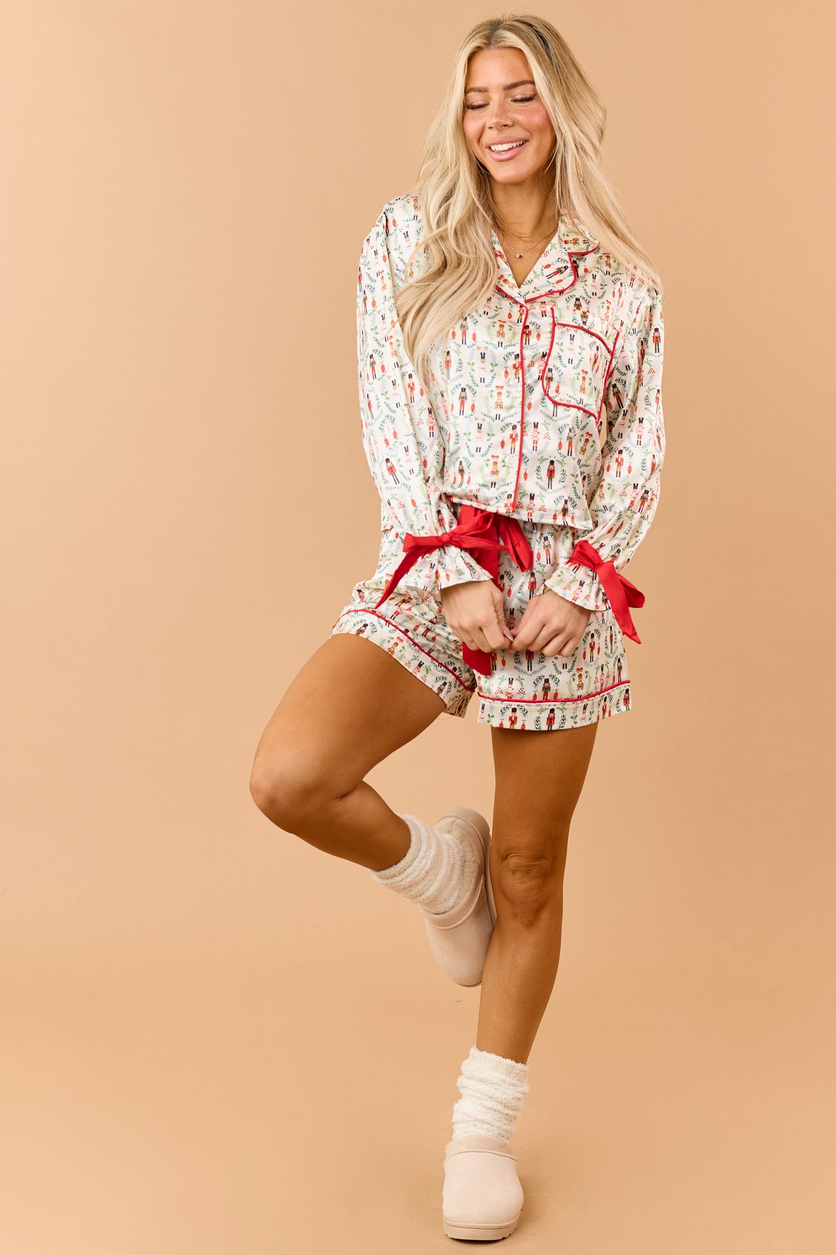 Cream Satin Nutcracker Pattern Top and Shorts PJ Set