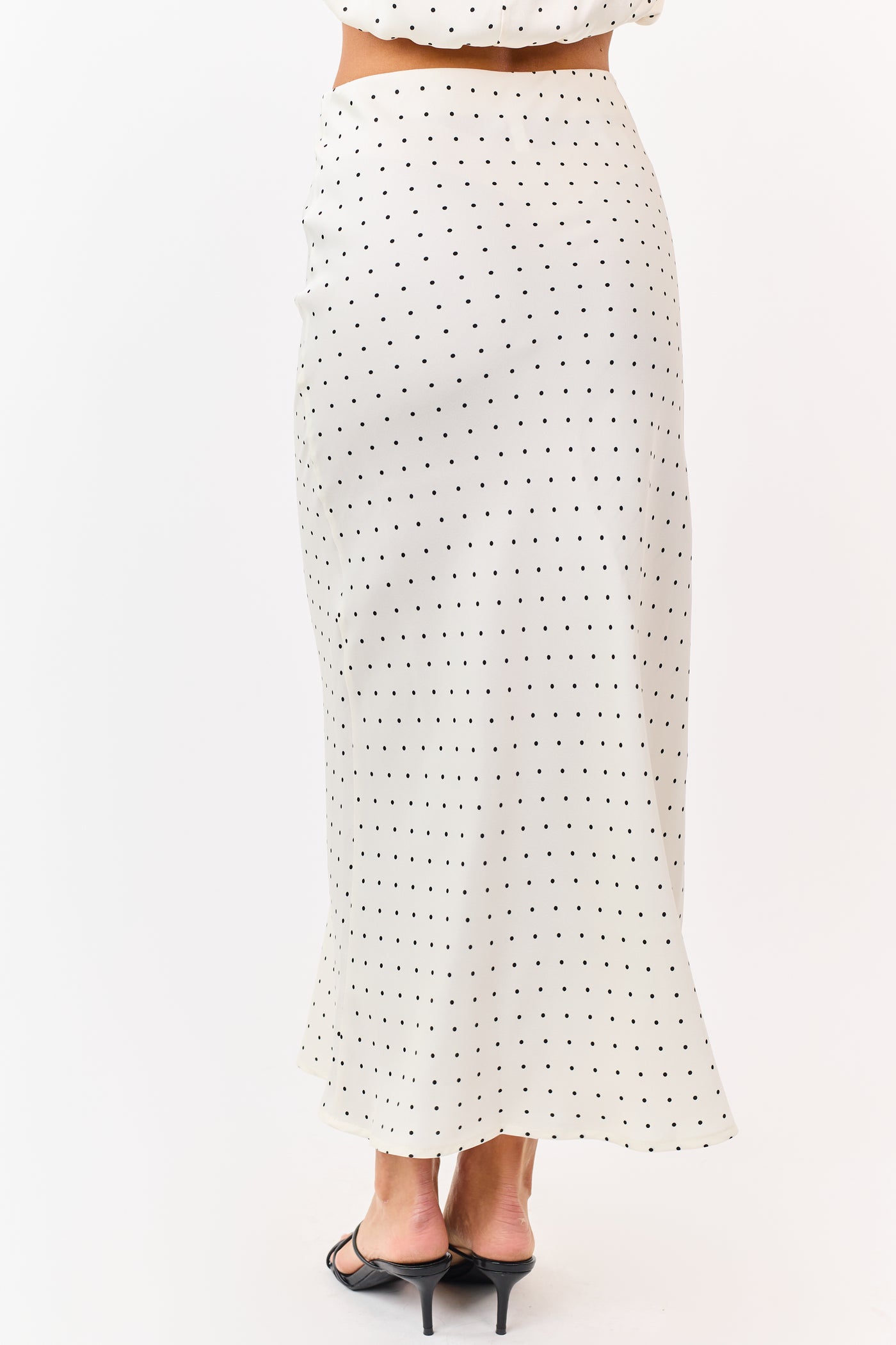 Cream Satin Polka Dot Elastic Waistband Midi Skirt