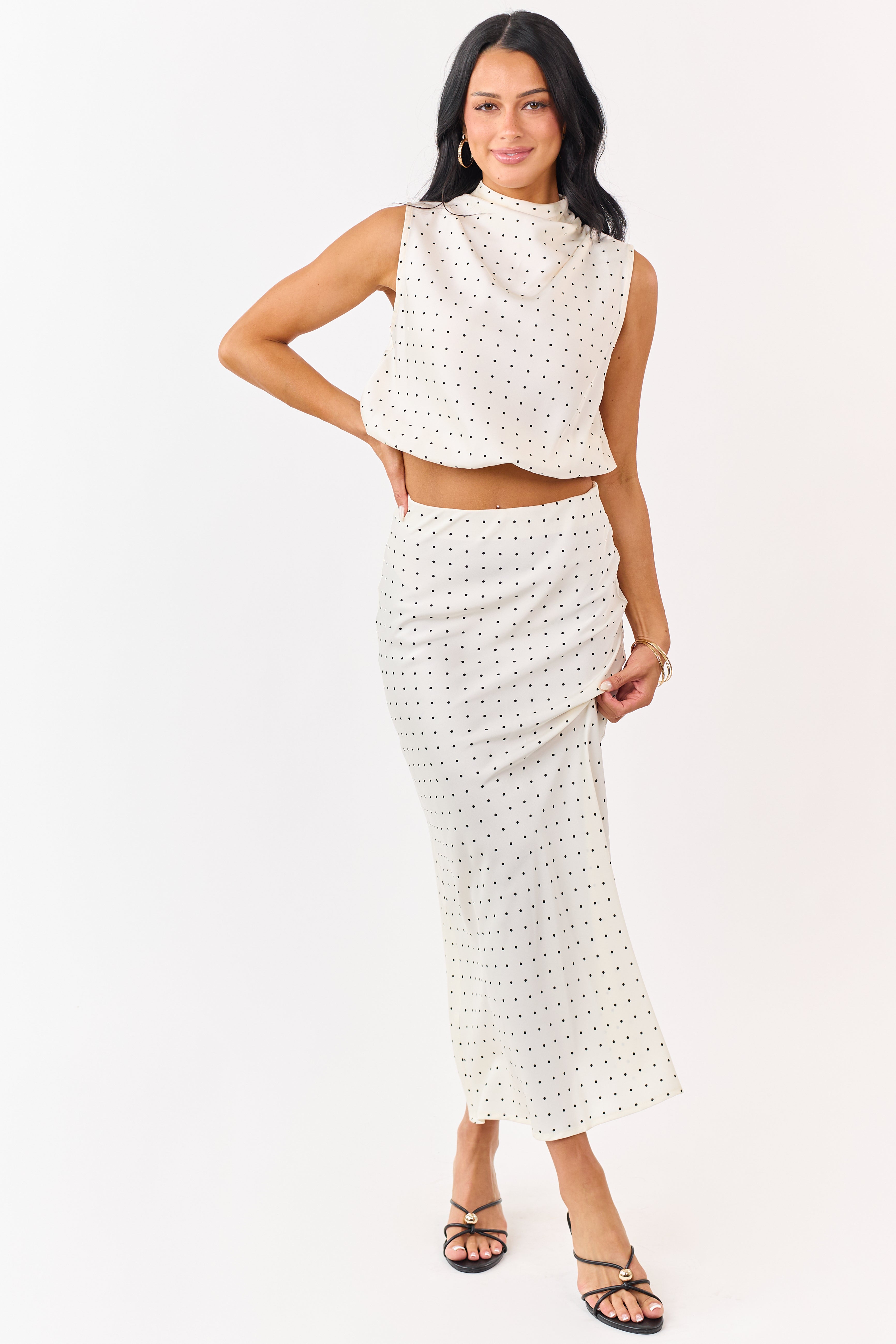 Cream Satin Polka Dot Elastic Waistband Midi Skirt