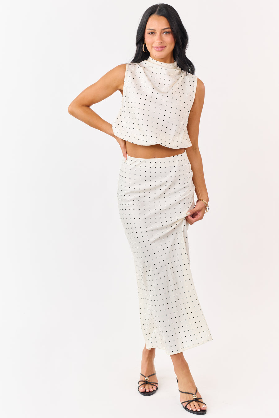 Cream Satin Polka Dot Elastic Waistband Midi Skirt