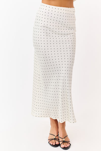 Cream Satin Polka Dot Elastic Waistband Midi Skirt