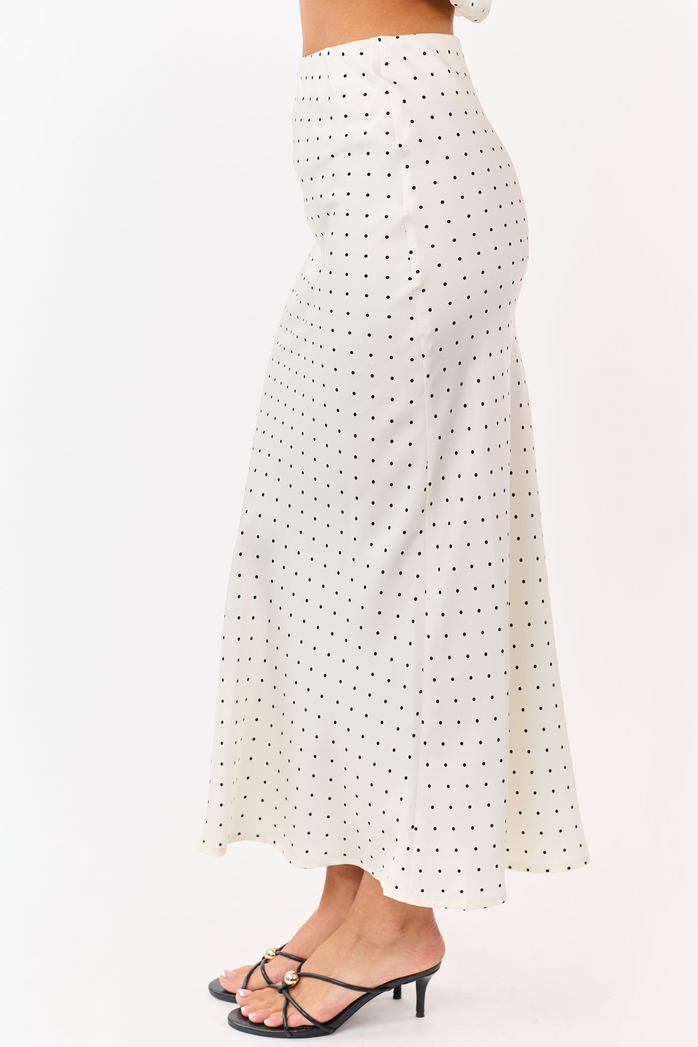 Cream Satin Polka Dot Elastic Waistband Midi Skirt