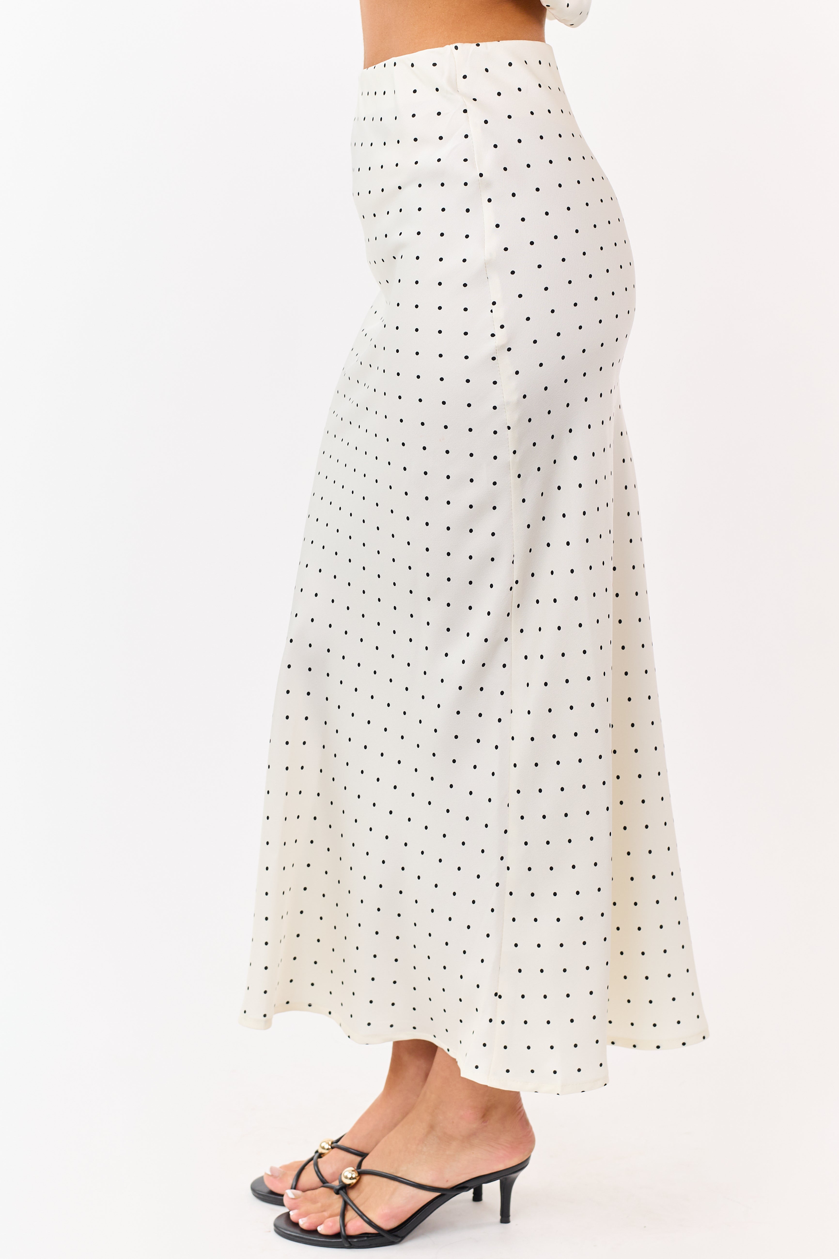 Cream Satin Polka Dot Elastic Waistband Midi Skirt