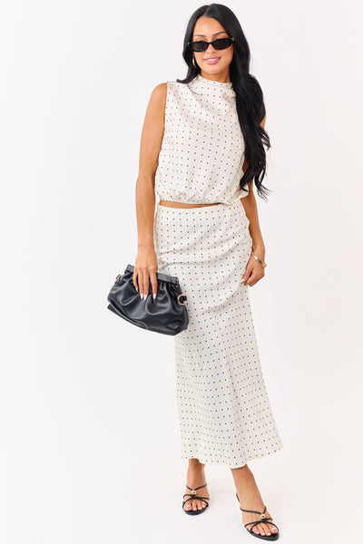 Cream Satin Polka Dot High Neck Sleeveless Top