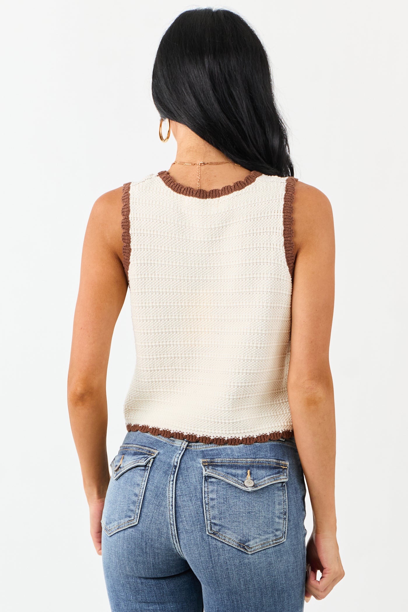 Cream Scalloped Contrast Trim Cotton Knit Tank Top