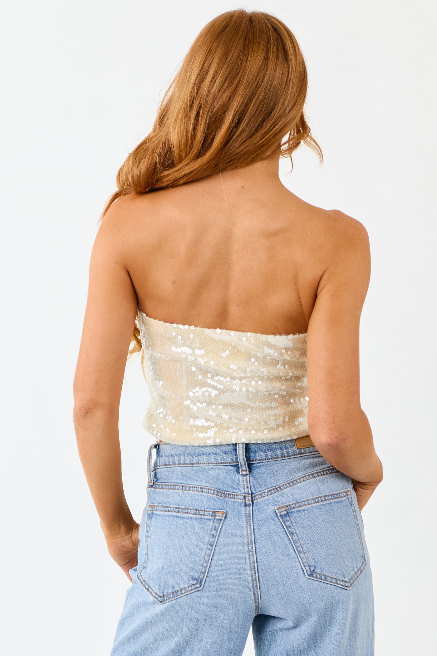 Cream Sequin Cropped Stretchy Bandeau Top