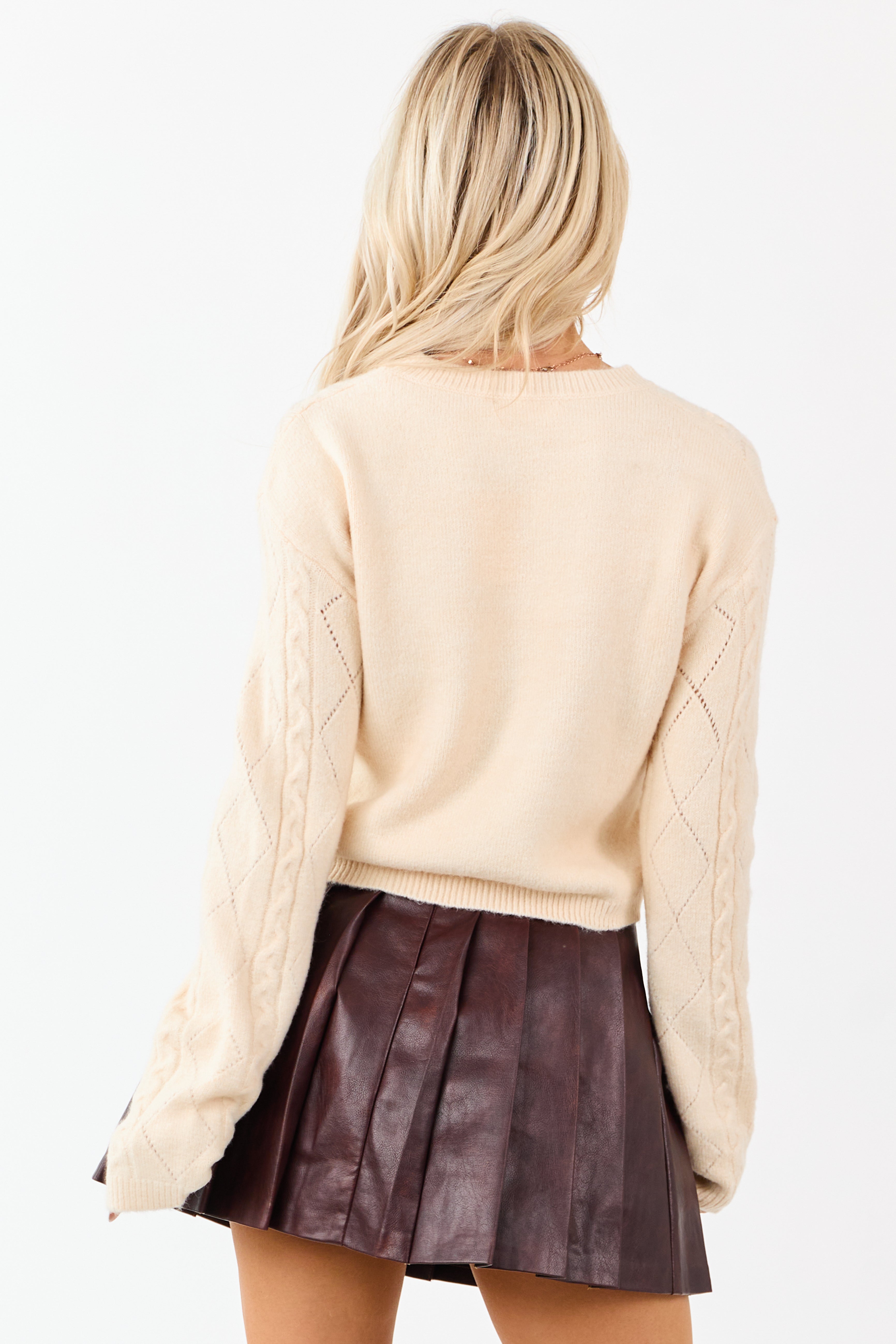 Cream Sequined Brushed Cable Knit Sweater