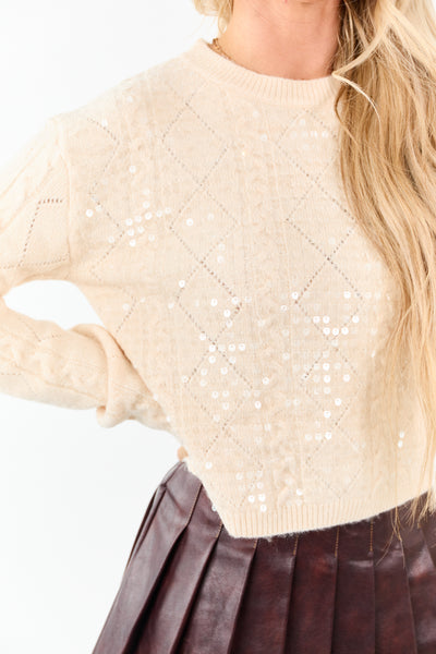 Cream Sequined Brushed Cable Knit Sweater