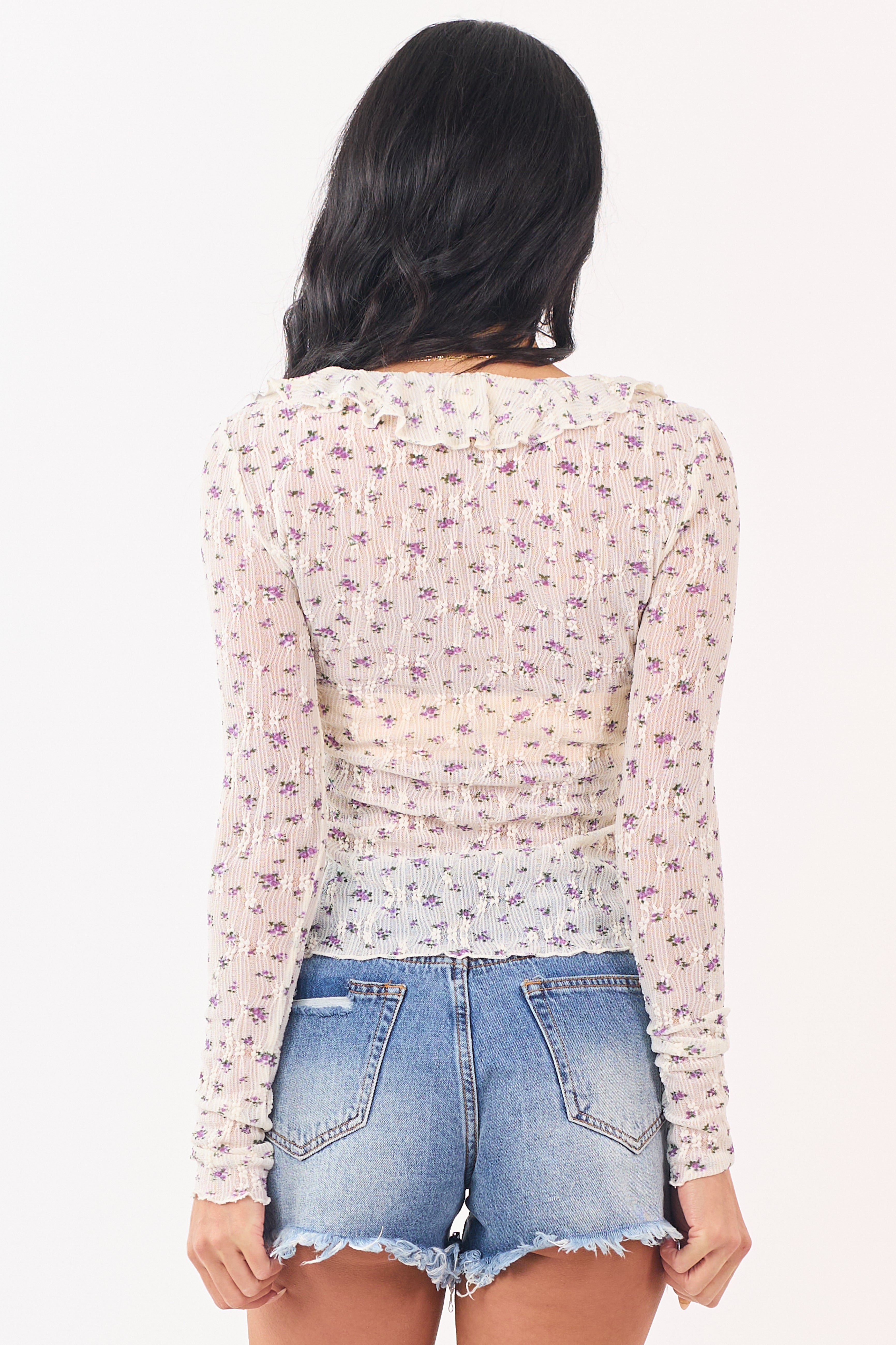 Cream Sheer Floral Lace Front Tie Ruffled Top