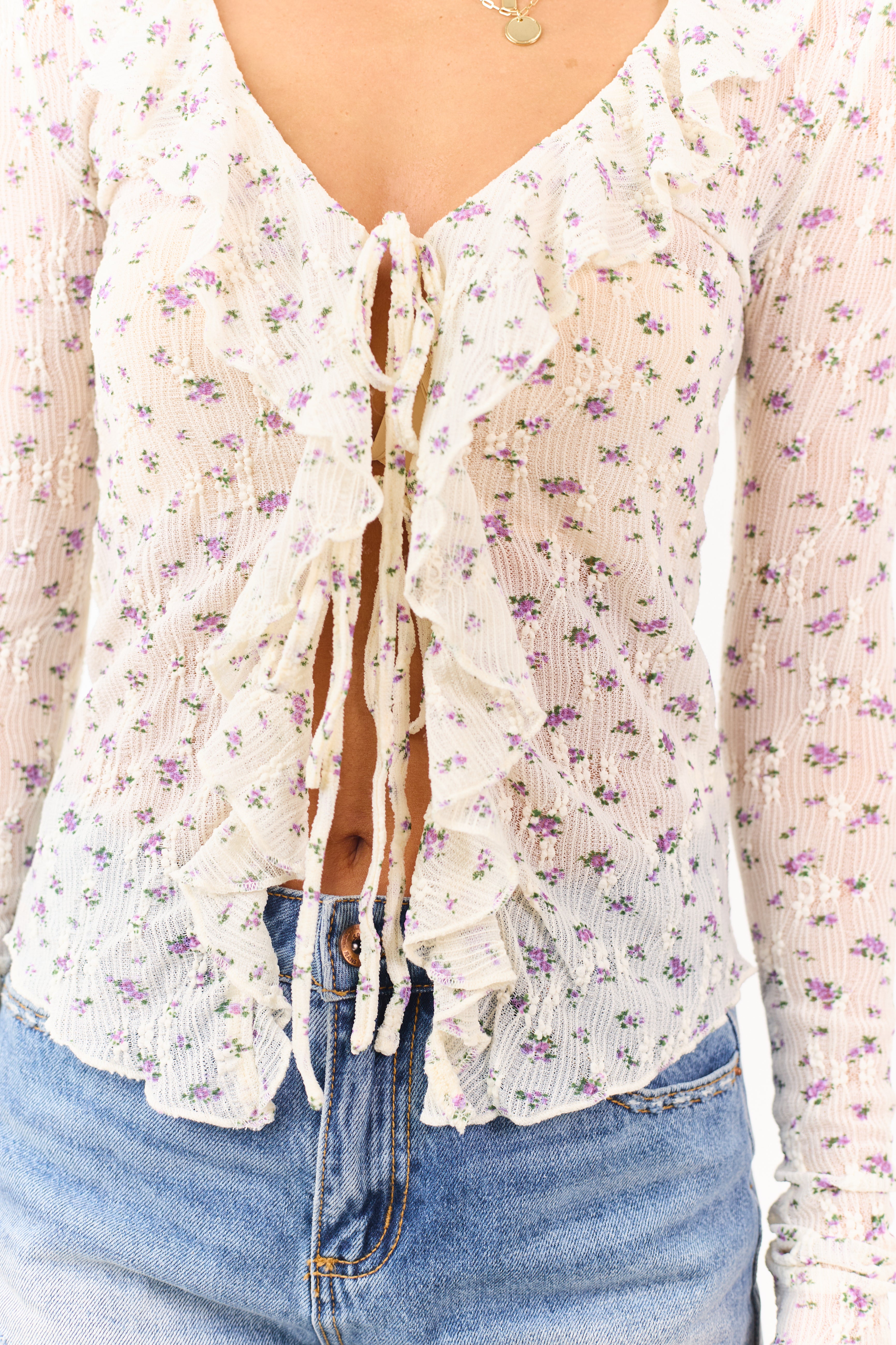 Cream Sheer Floral Lace Front Tie Ruffled Top