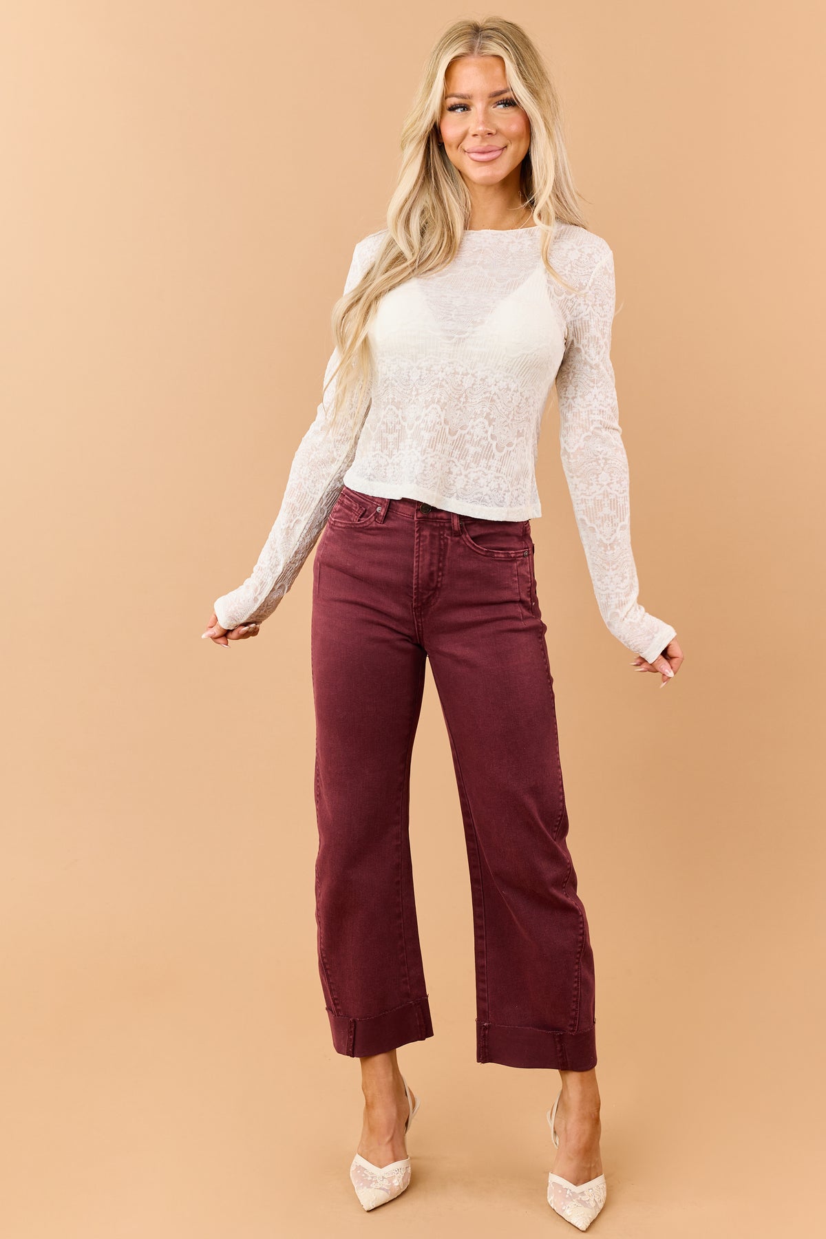 Cream Sheer Floral Lace Long Sleeve Top