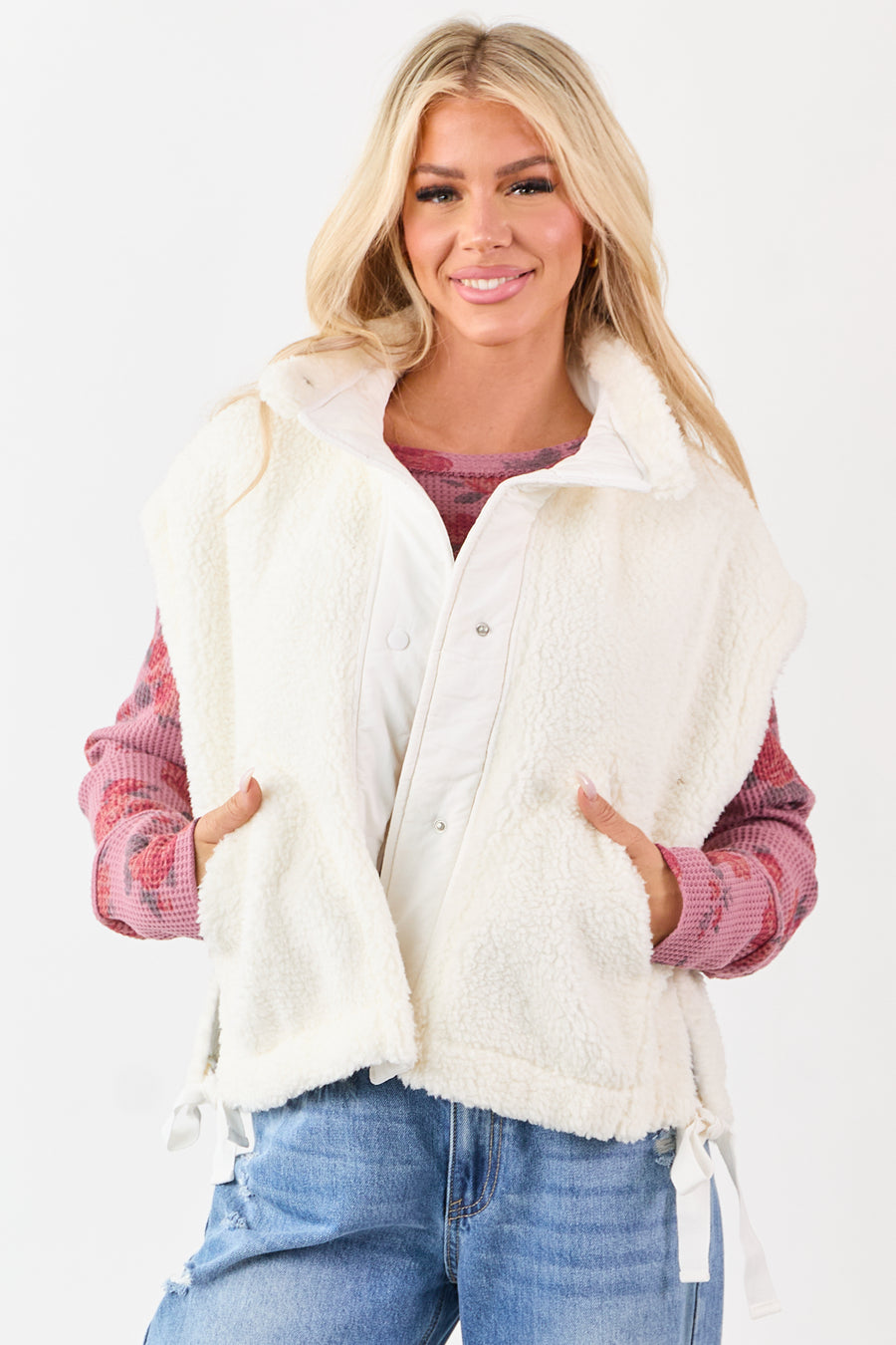 Cream Sherpa Button Down Side Tie Vest