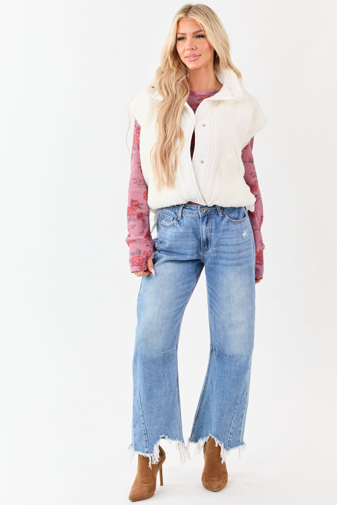 Cream Sherpa Button Down Side Tie Vest