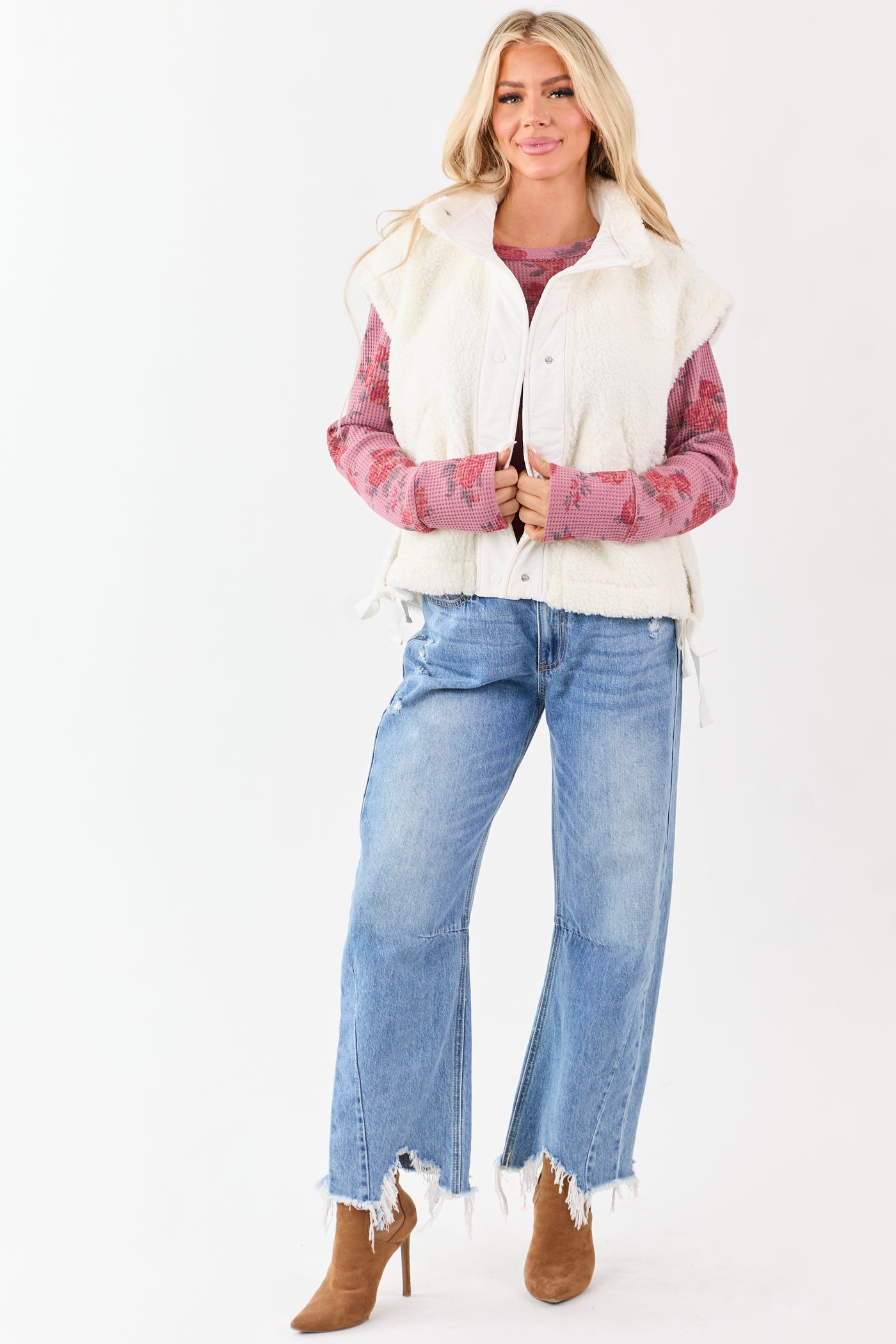 Cream Sherpa Button Down Side Tie Vest