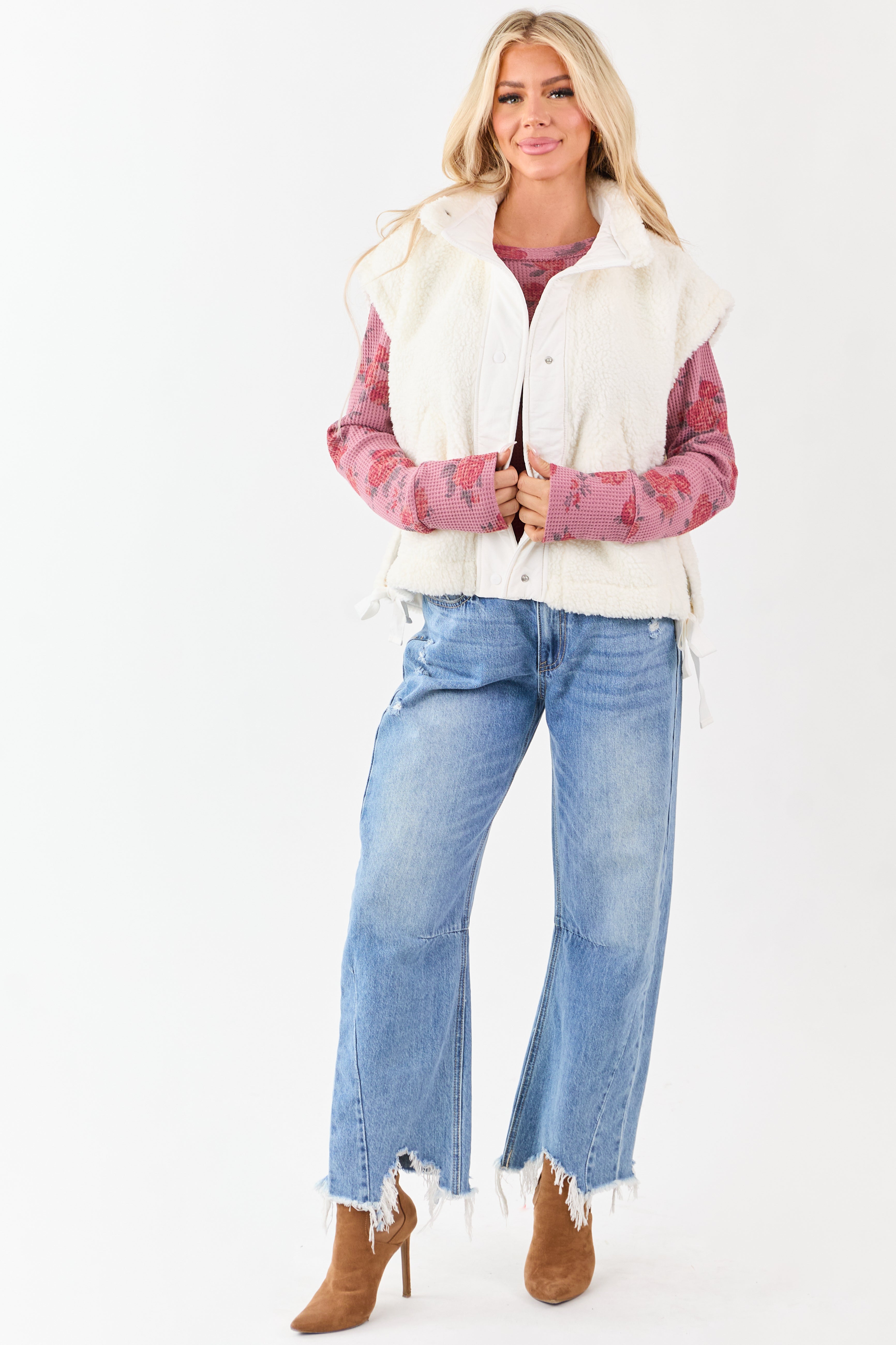 Cream Sherpa Button Down Side Tie Vest