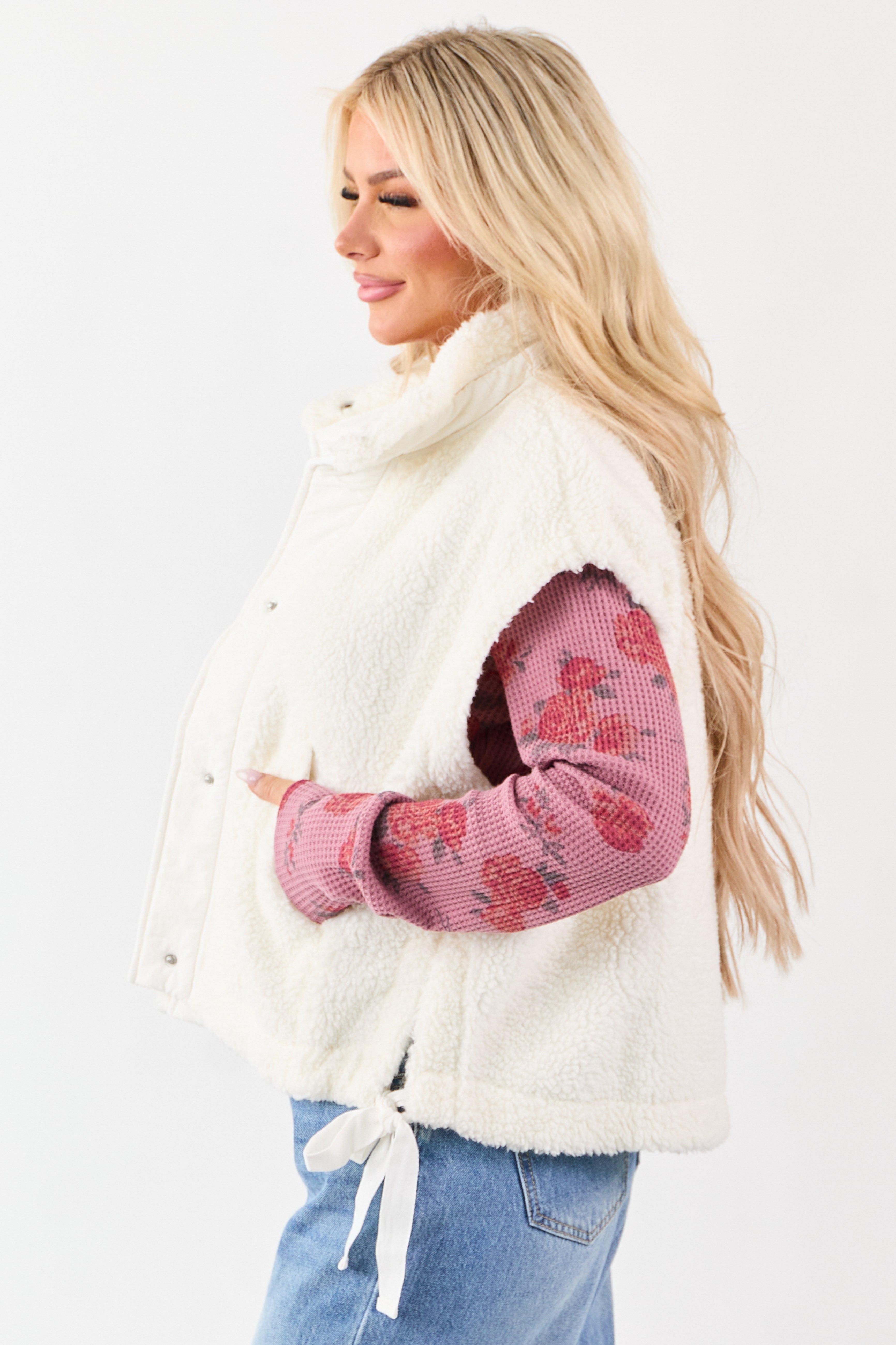 Cream Sherpa Button Down Side Tie Vest