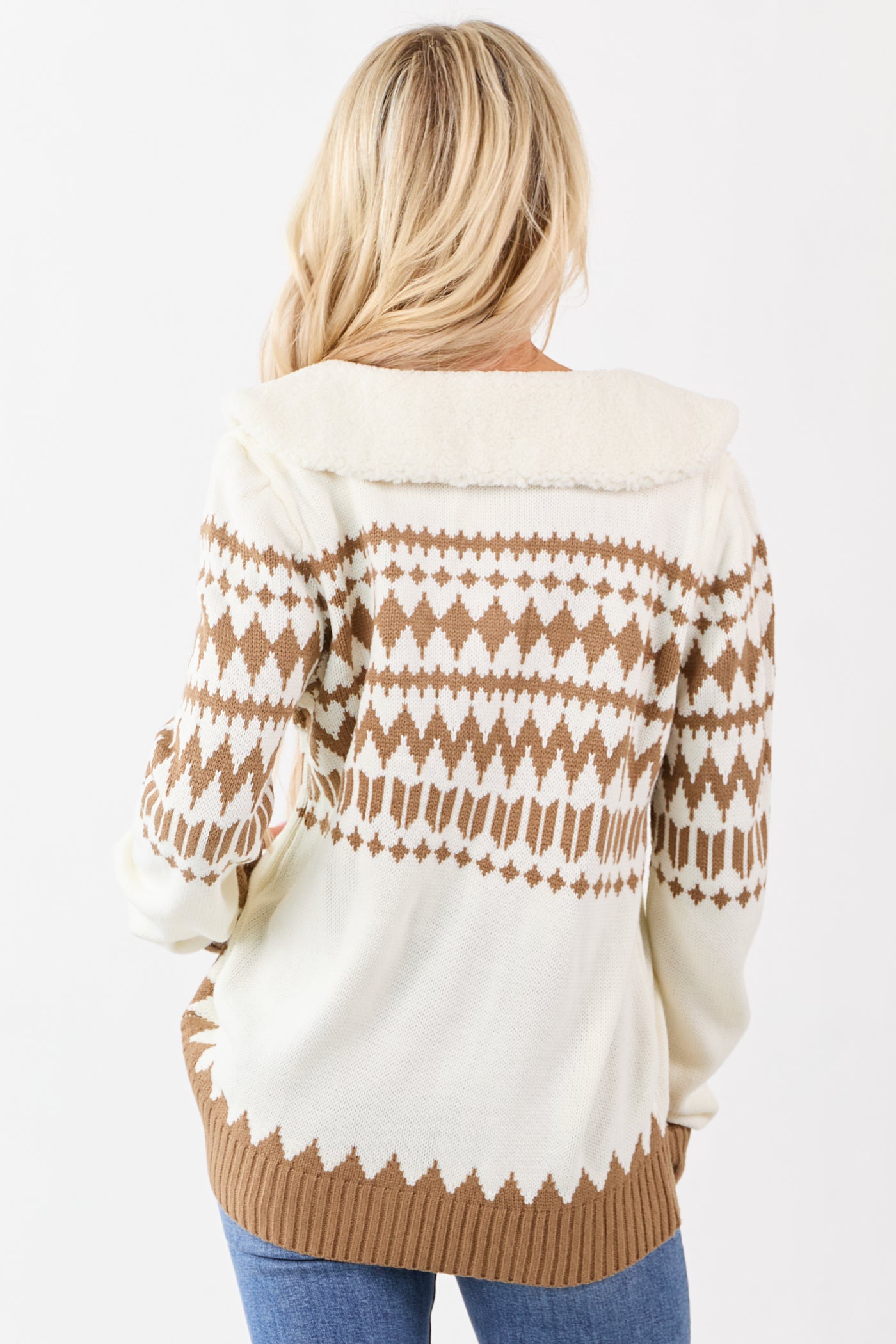 Cream Sherpa Collar Aztec Quarter Zip Sweater