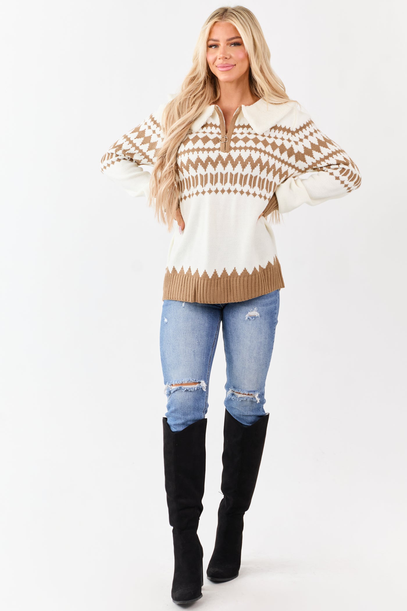 Cream Sherpa Collar Aztec Quarter Zip Sweater