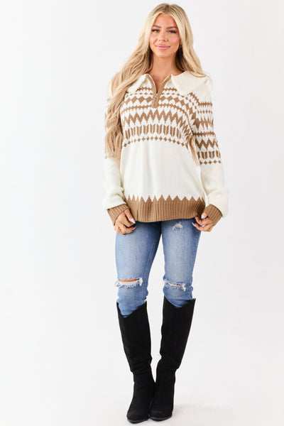Cream Sherpa Collar Aztec Quarter Zip Sweater
