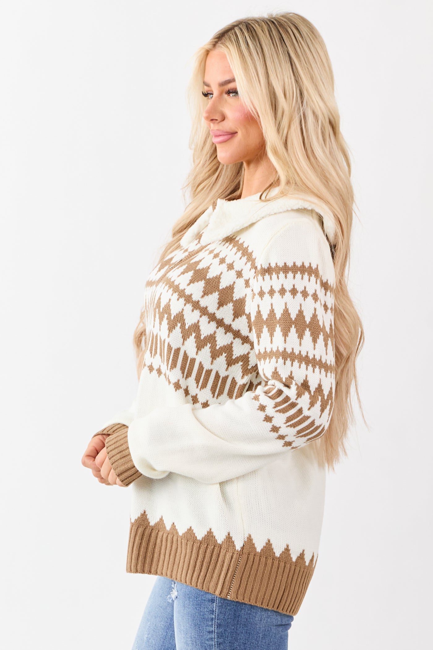 Cream Sherpa Collar Aztec Quarter Zip Sweater