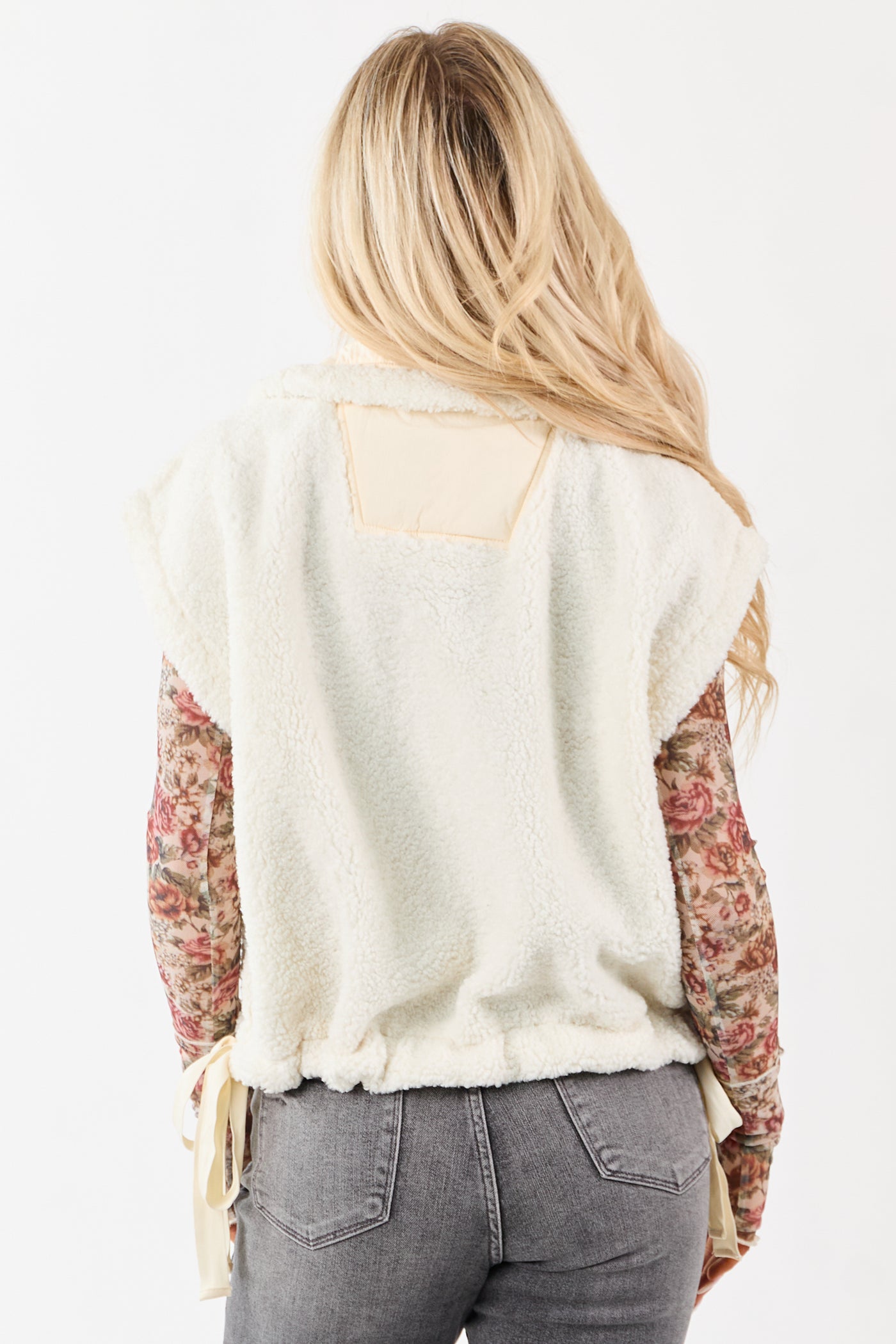 Cream Sherpa Contrast Button Down Side Tie Vest