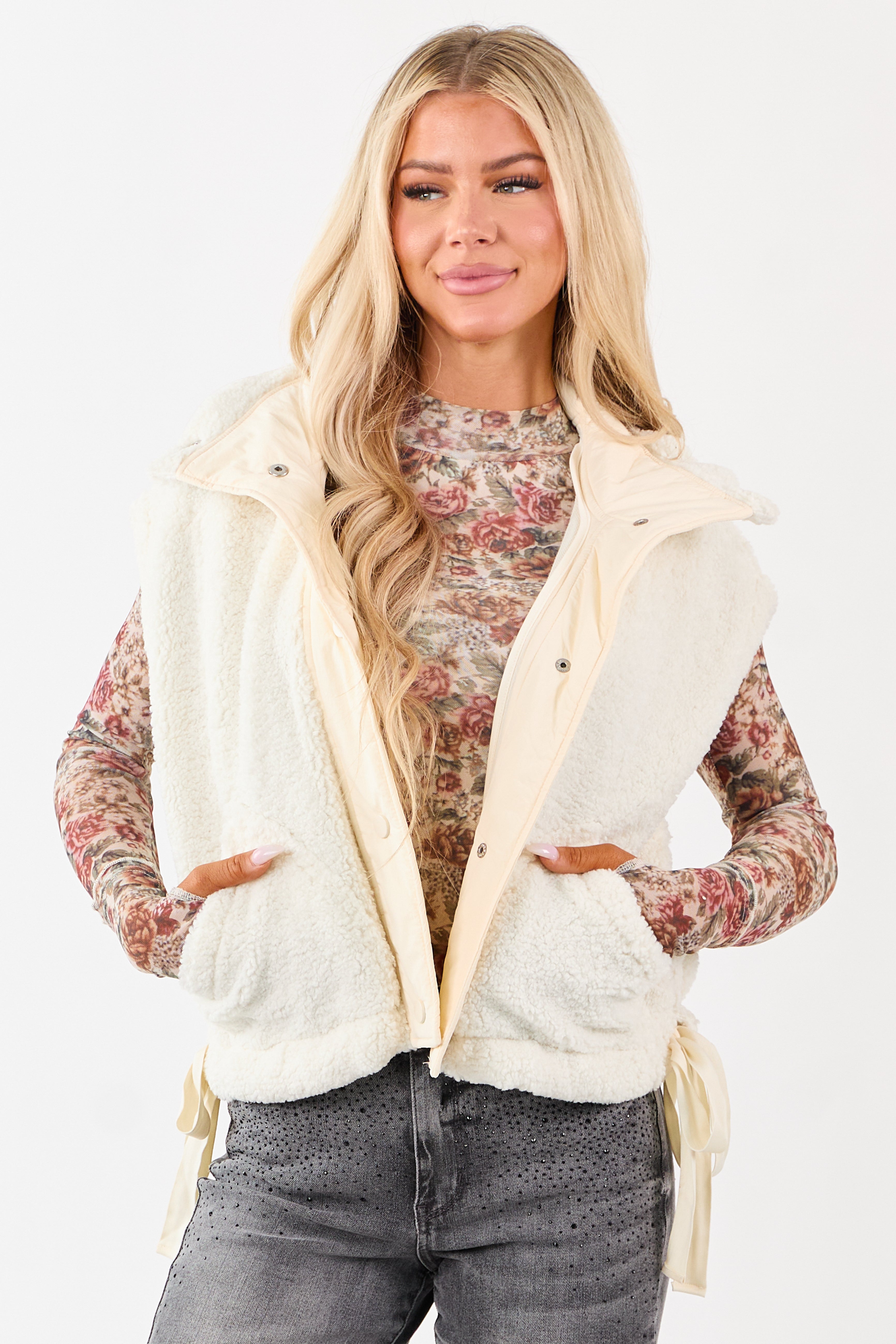 Cream Sherpa Contrast Button Down Side Tie Vest | Lime Lush Boutique