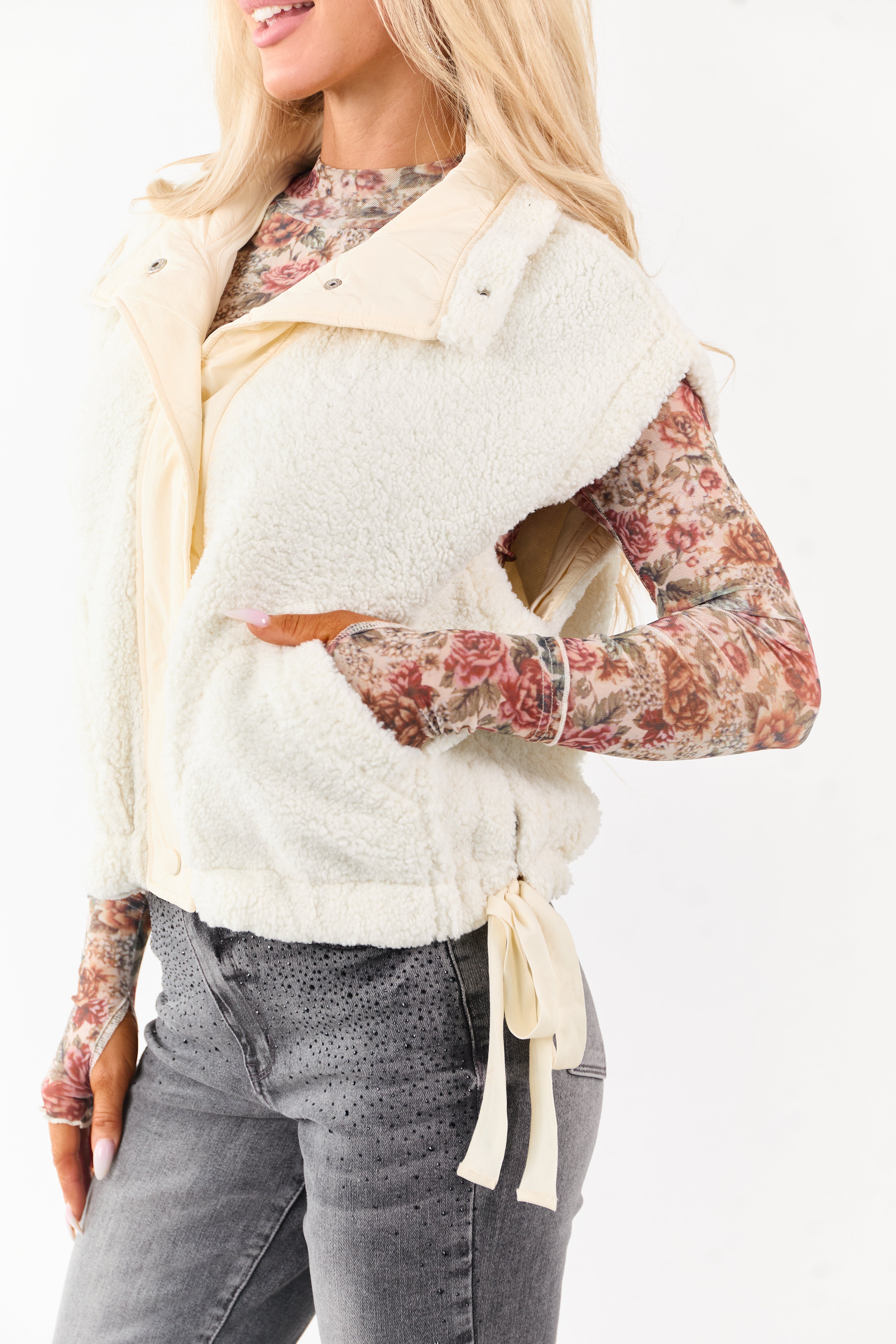 Cream Sherpa Contrast Button Down Side Tie Vest