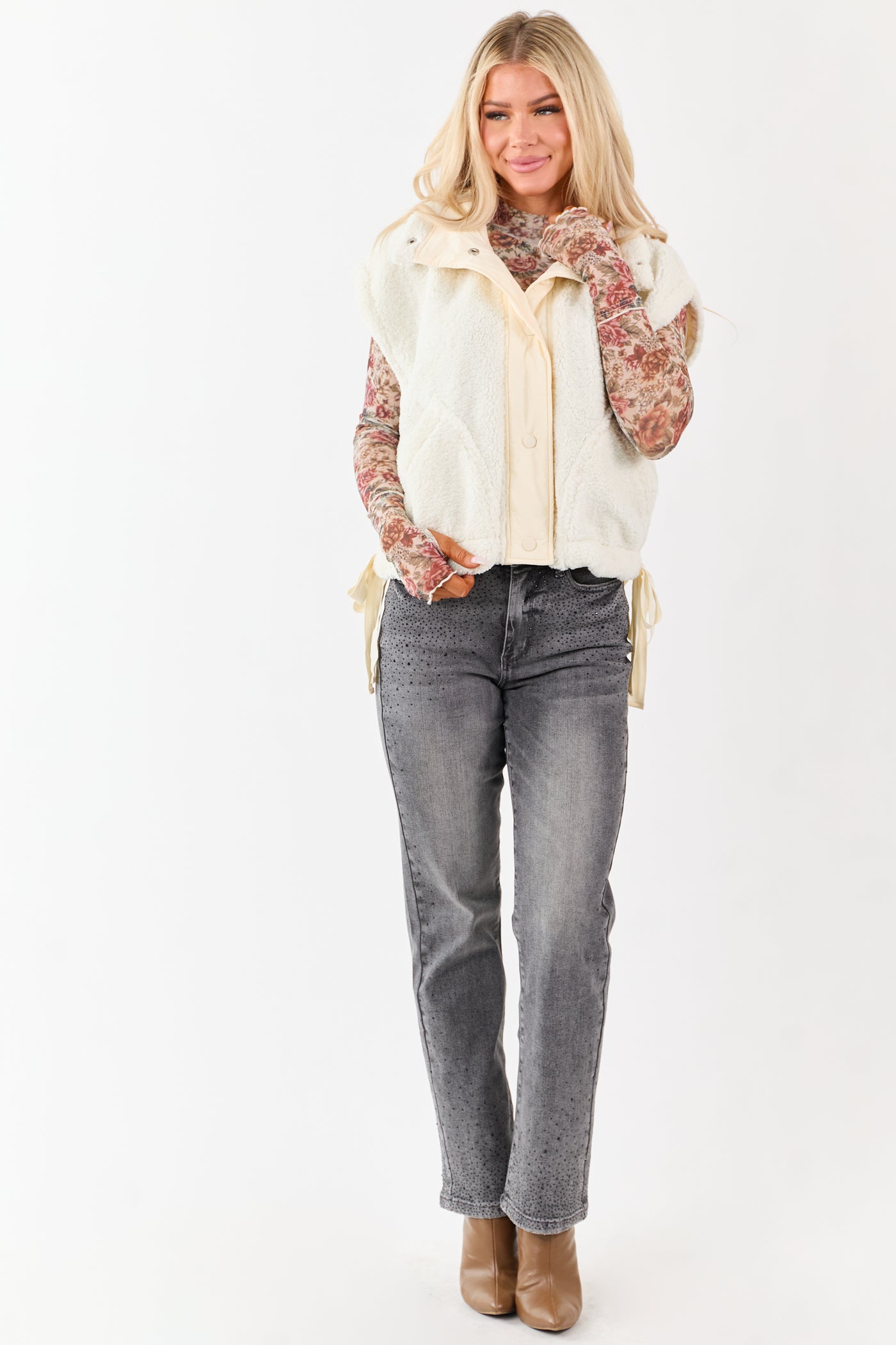 Cream Sherpa Contrast Button Down Side Tie Vest