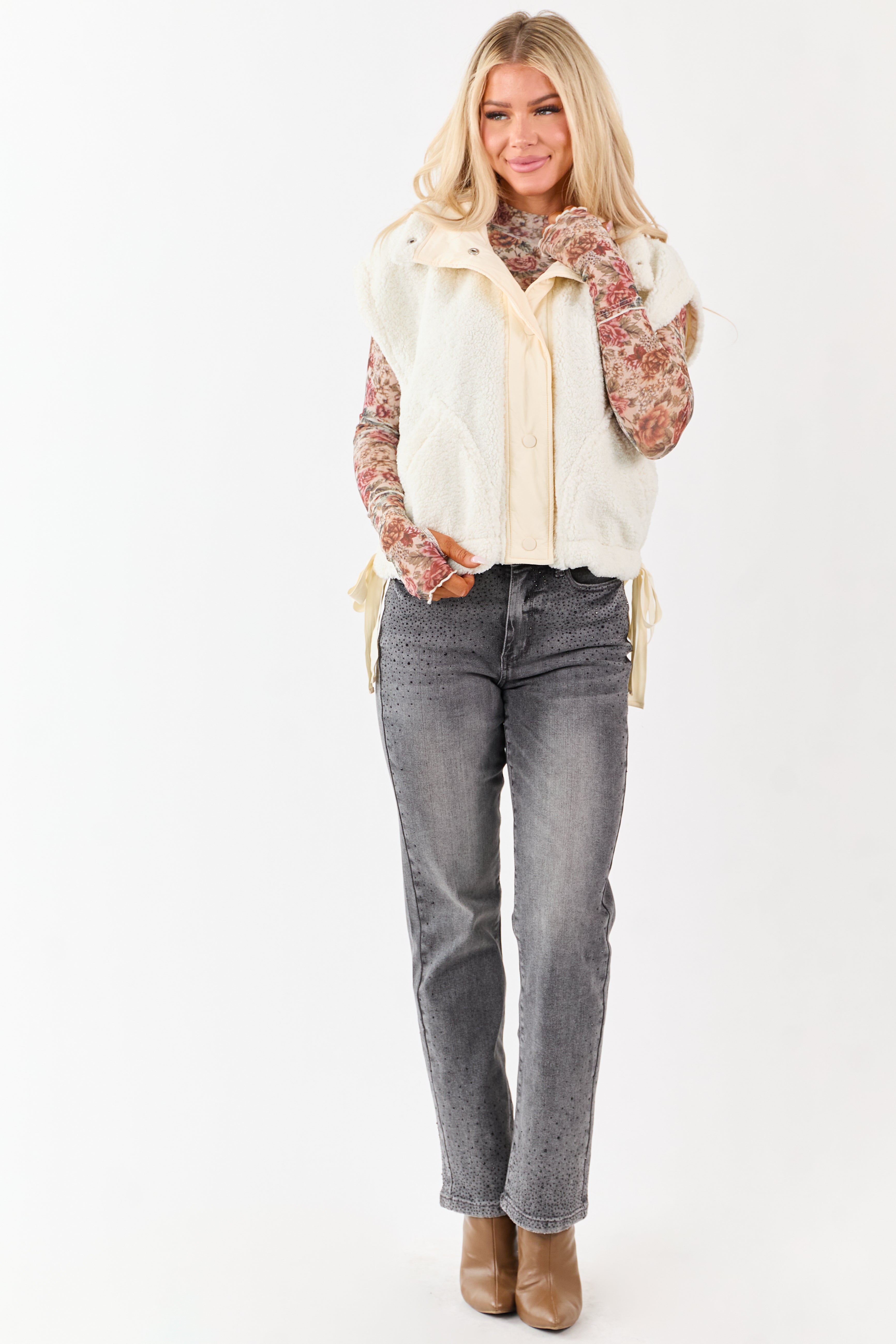 Cream Sherpa Contrast Button Down Side Tie Vest