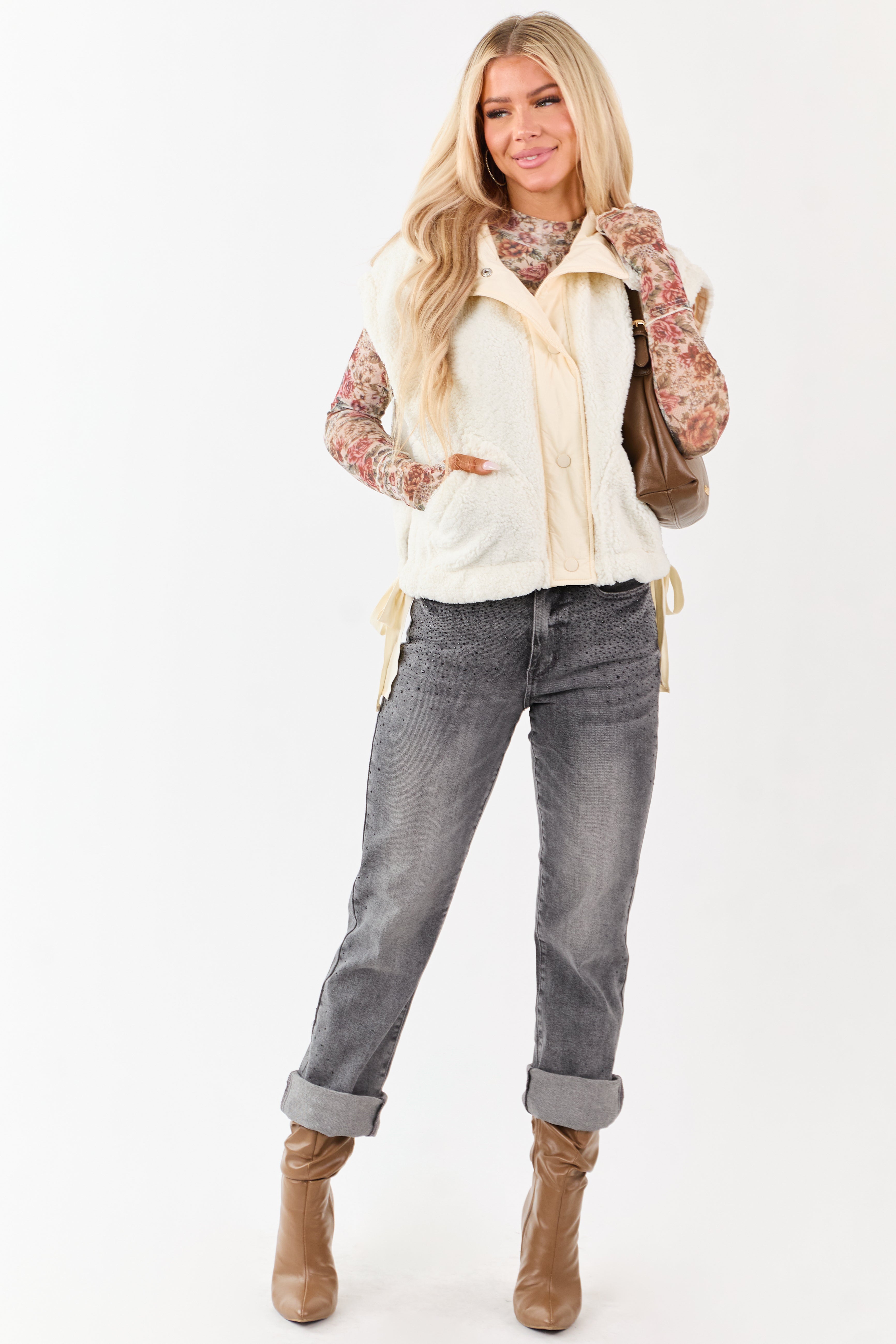 Cream Sherpa Contrast Button Down Side Tie Vest