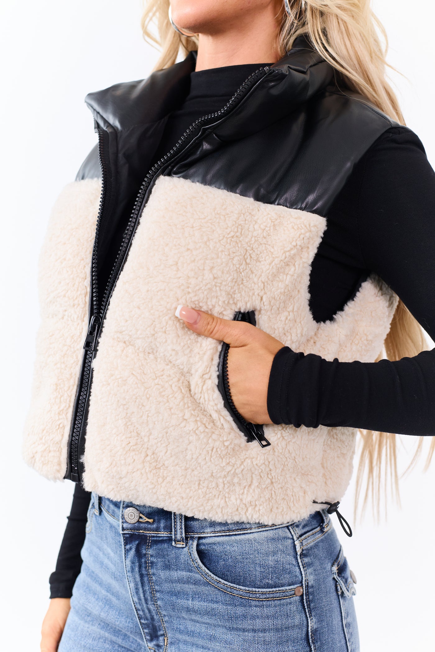 Cream Sherpa Contrast Faux Leather Crop Vest