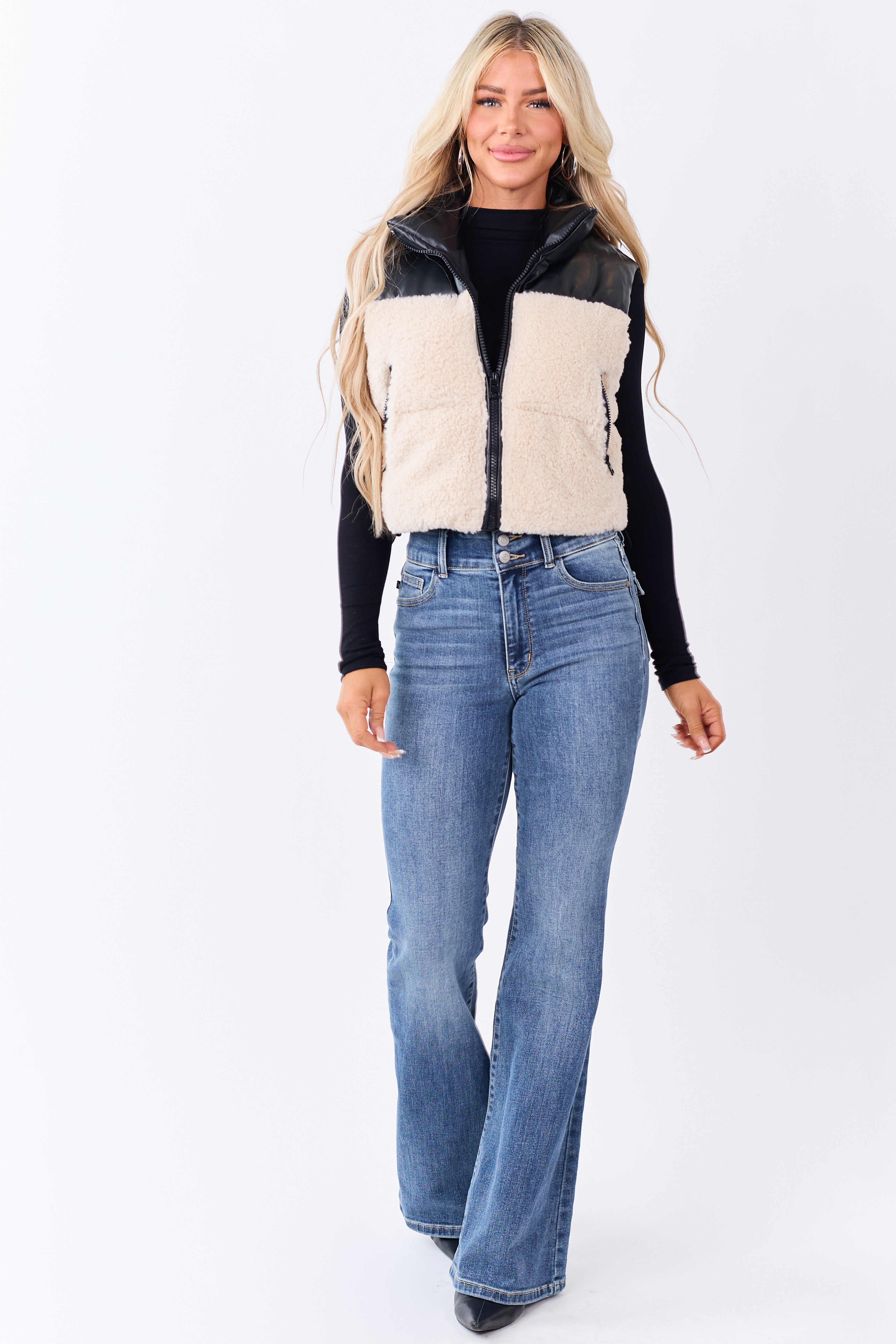 Cream Sherpa Contrast Faux Leather Crop Vest