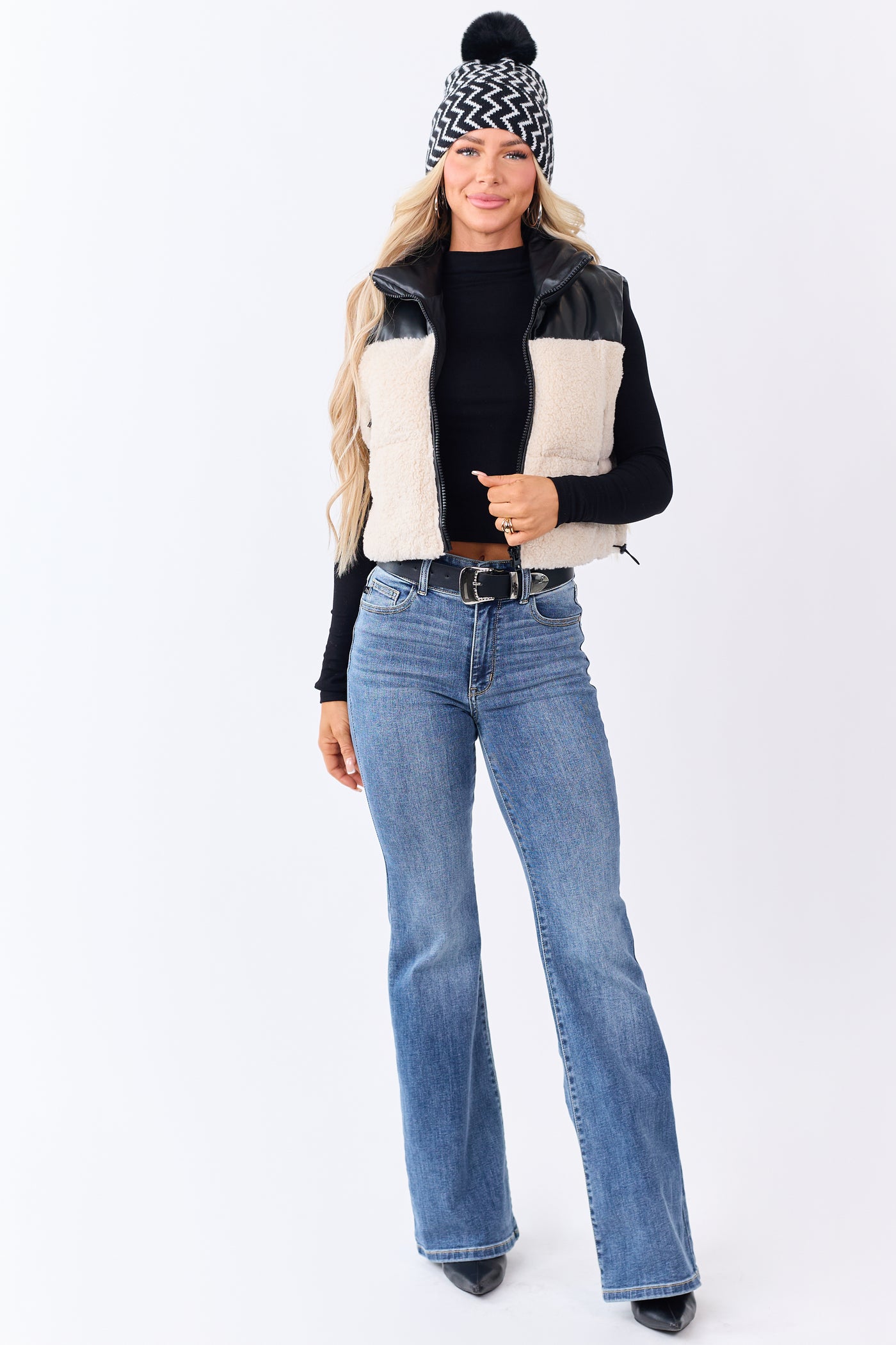 Cream Sherpa Contrast Faux Leather Crop Vest