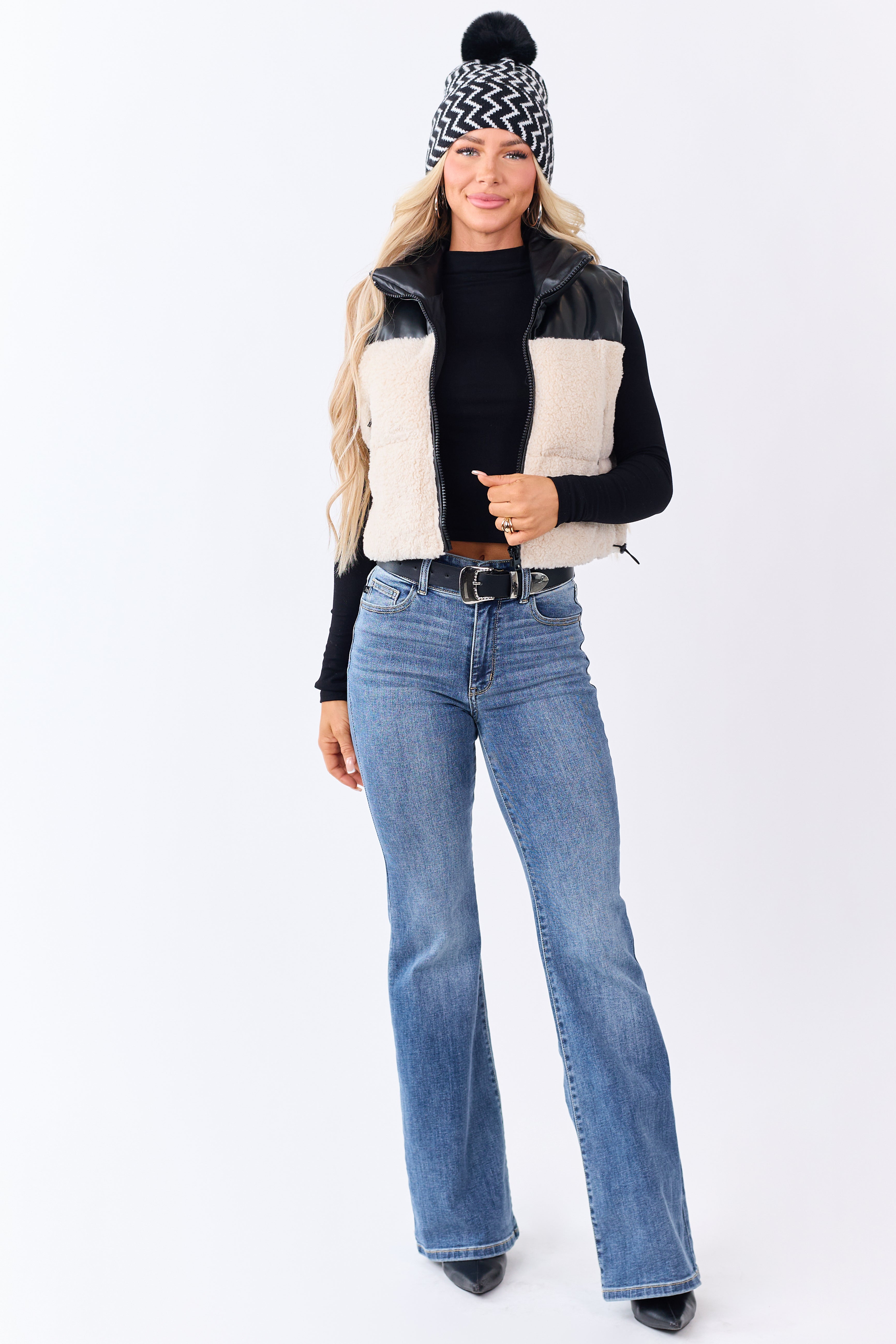 Cream Sherpa Contrast Faux Leather Crop Vest