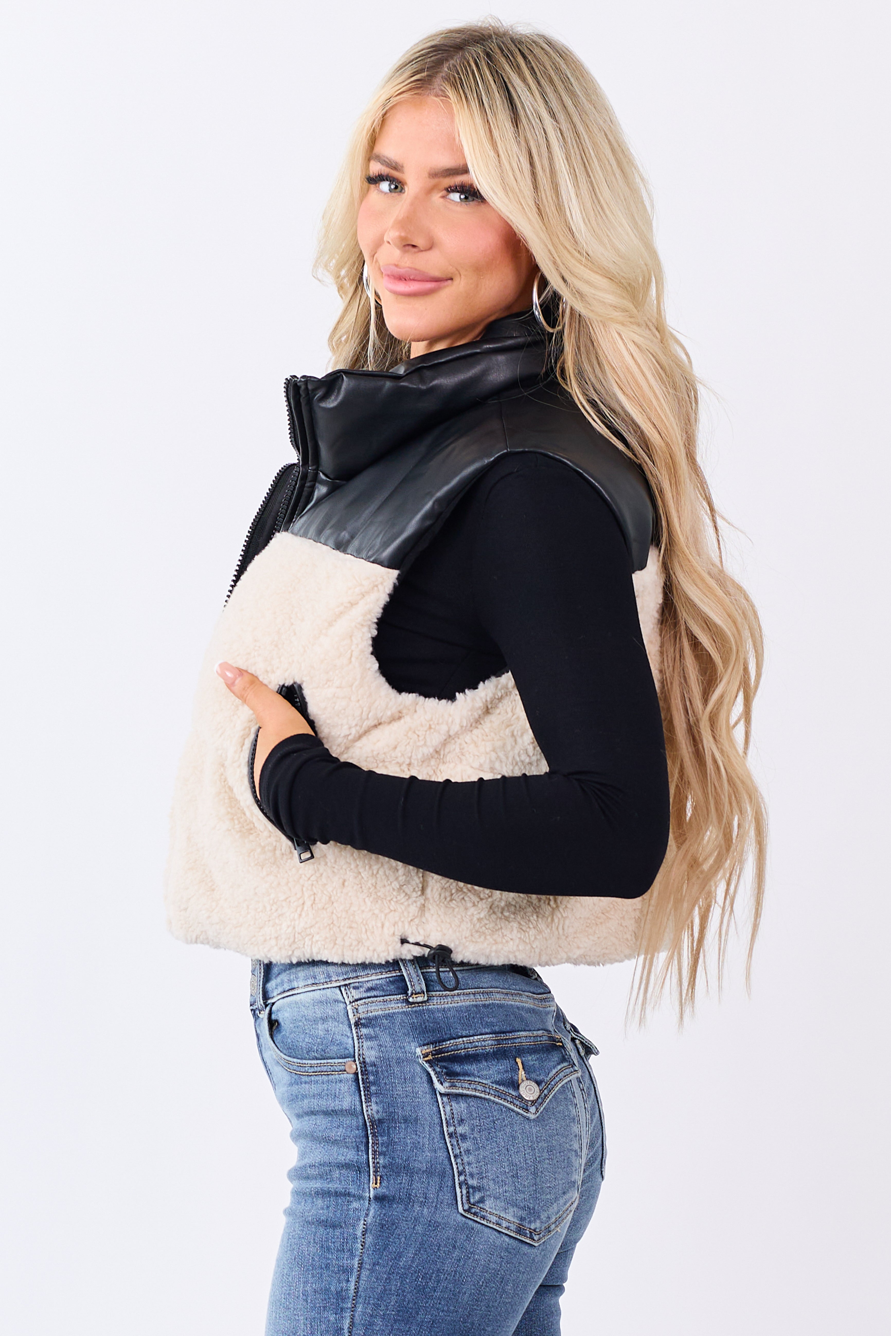 Cream Sherpa Contrast Faux Leather Crop Vest