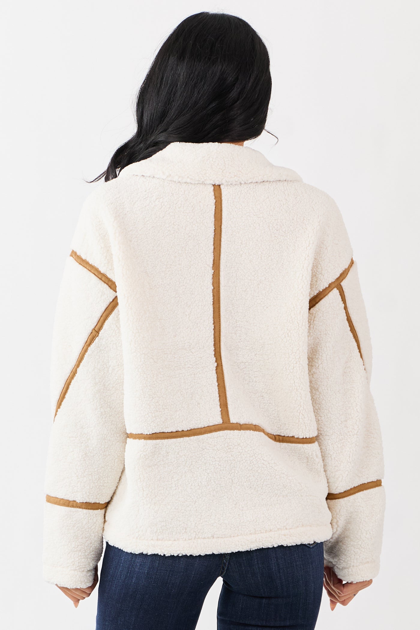 Cream Sherpa Faux Suede Contrast Zip Up Jacket