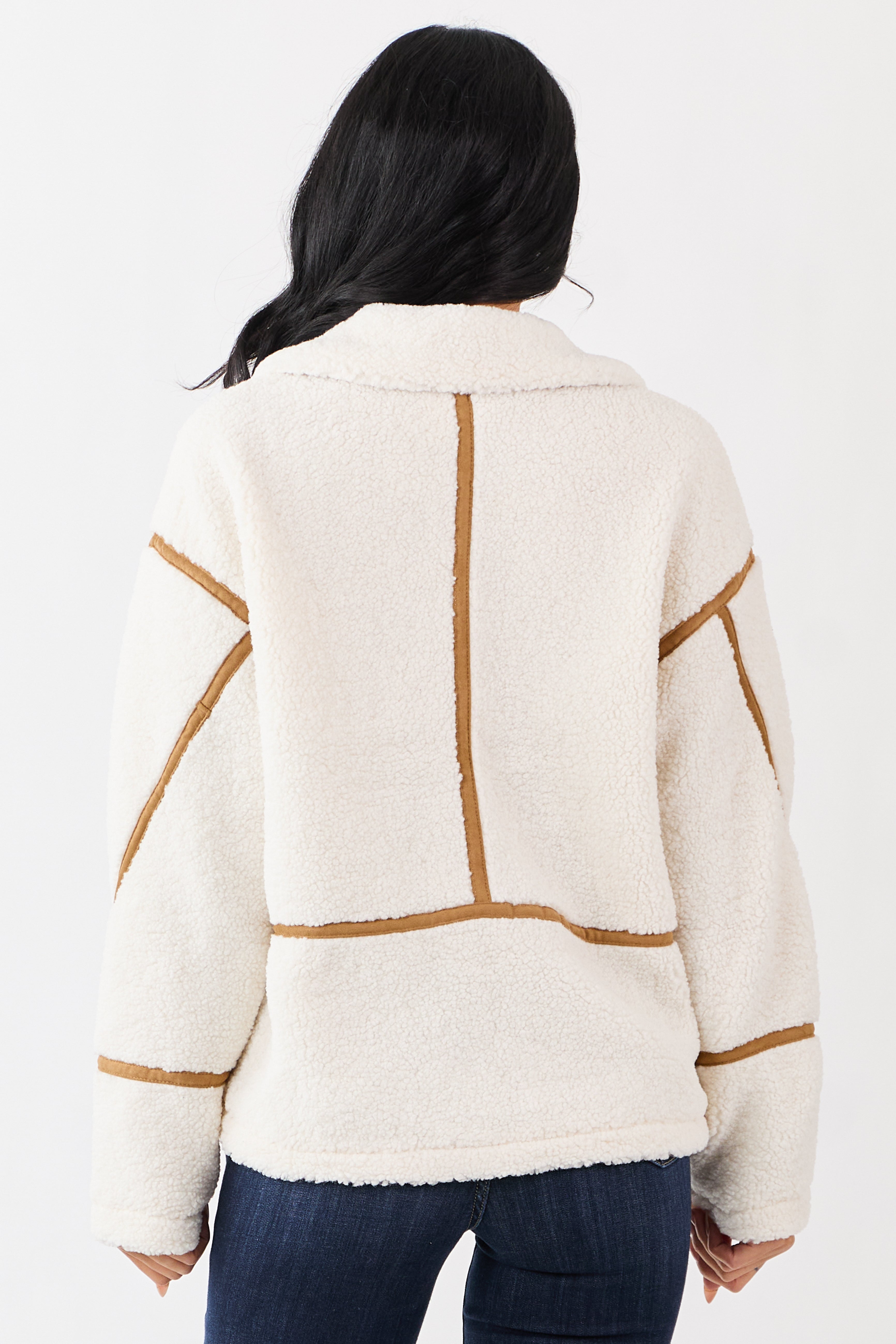 Cream Sherpa Faux Suede Contrast Zip Up Jacket