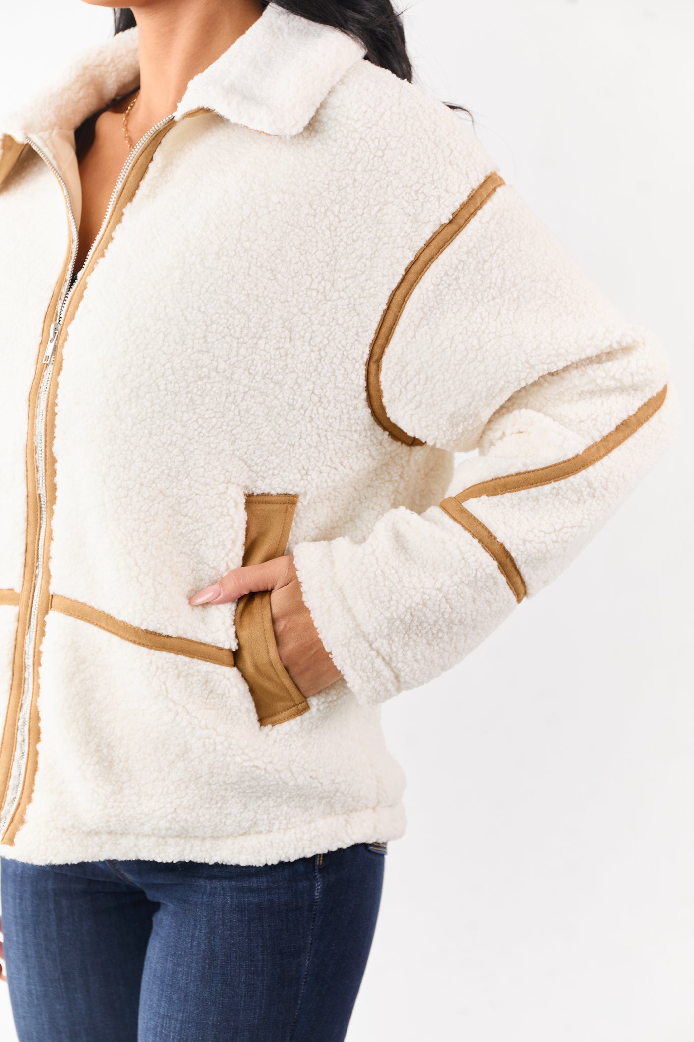 Cream Sherpa Faux Suede Contrast Zip Up Jacket