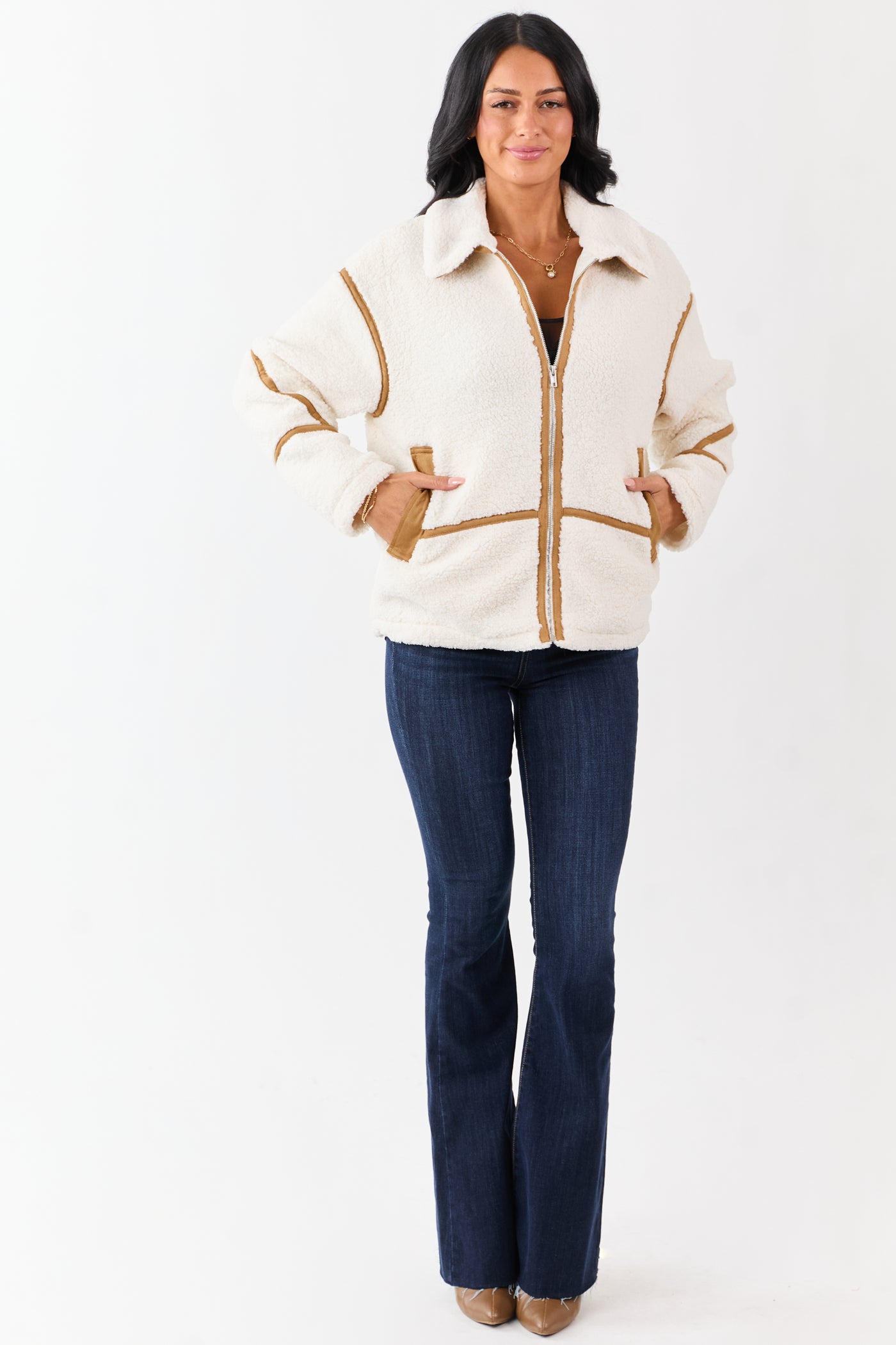 Cream Sherpa Faux Suede Contrast Zip Up Jacket
