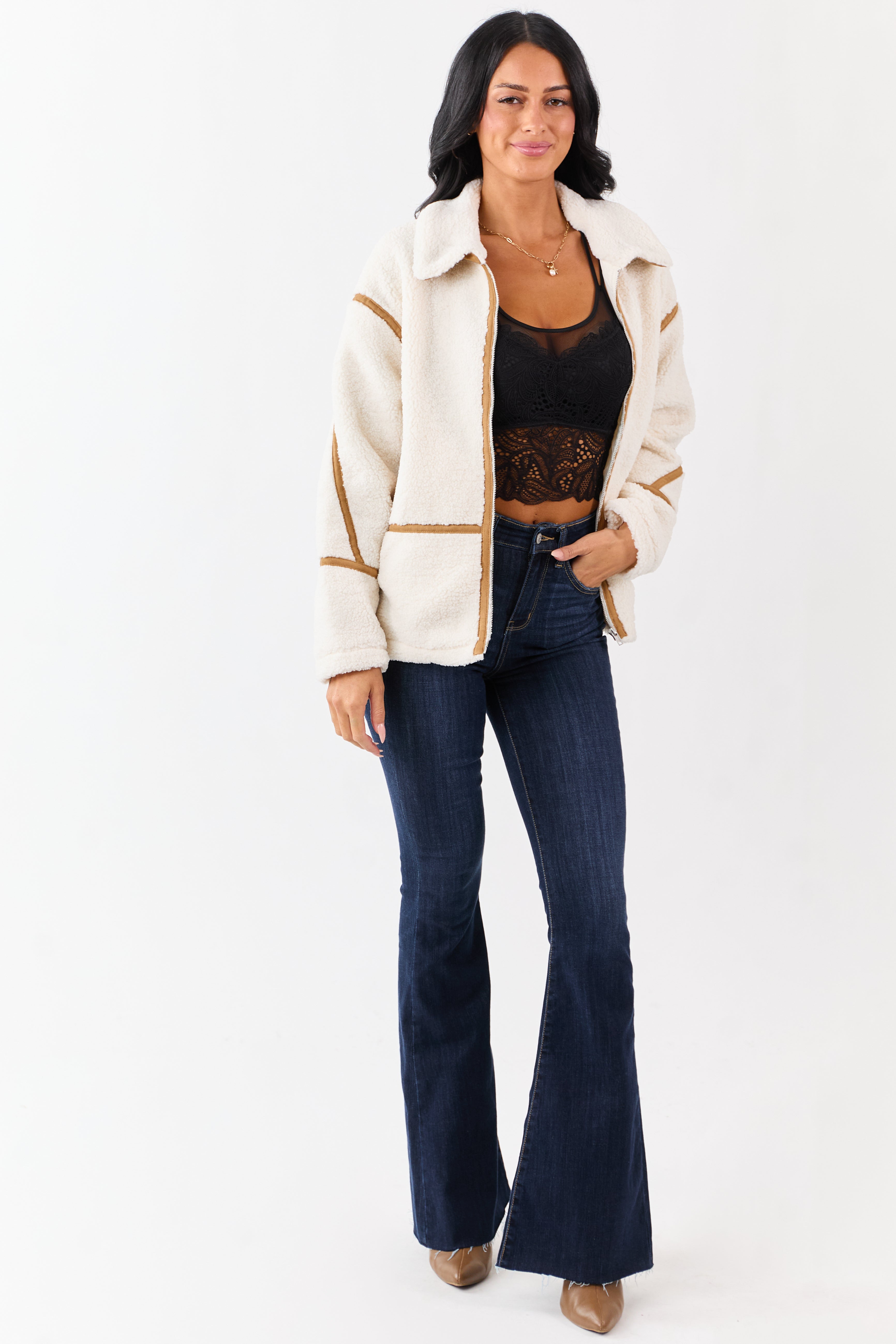 Cream Sherpa Faux Suede Contrast Zip Up Jacket | Lime Lush Boutique