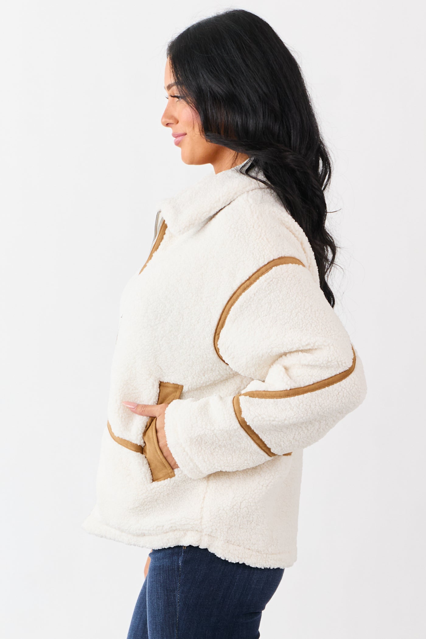 Cream Sherpa Faux Suede Contrast Zip Up Jacket