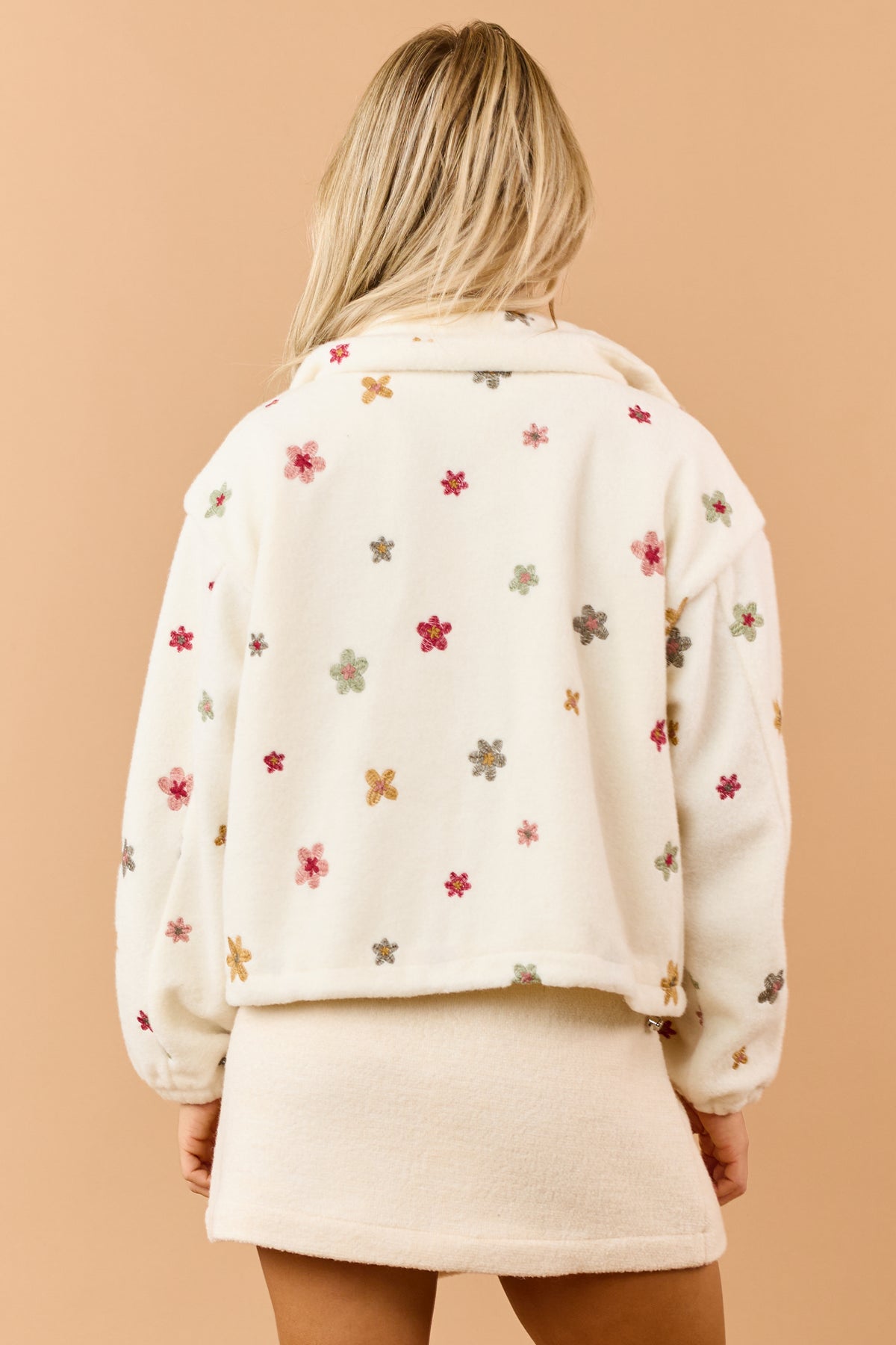 Cream Sherpa Floral Embroidered Zip Up Jacket