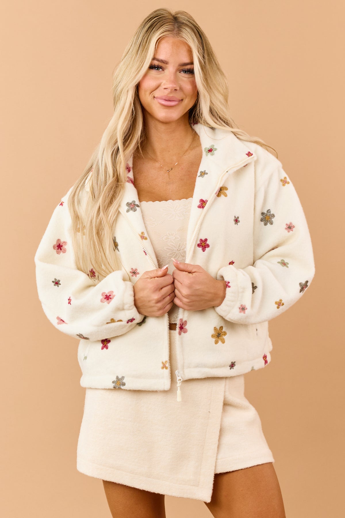 Cream Sherpa Floral Embroidered Zip Up Jacket